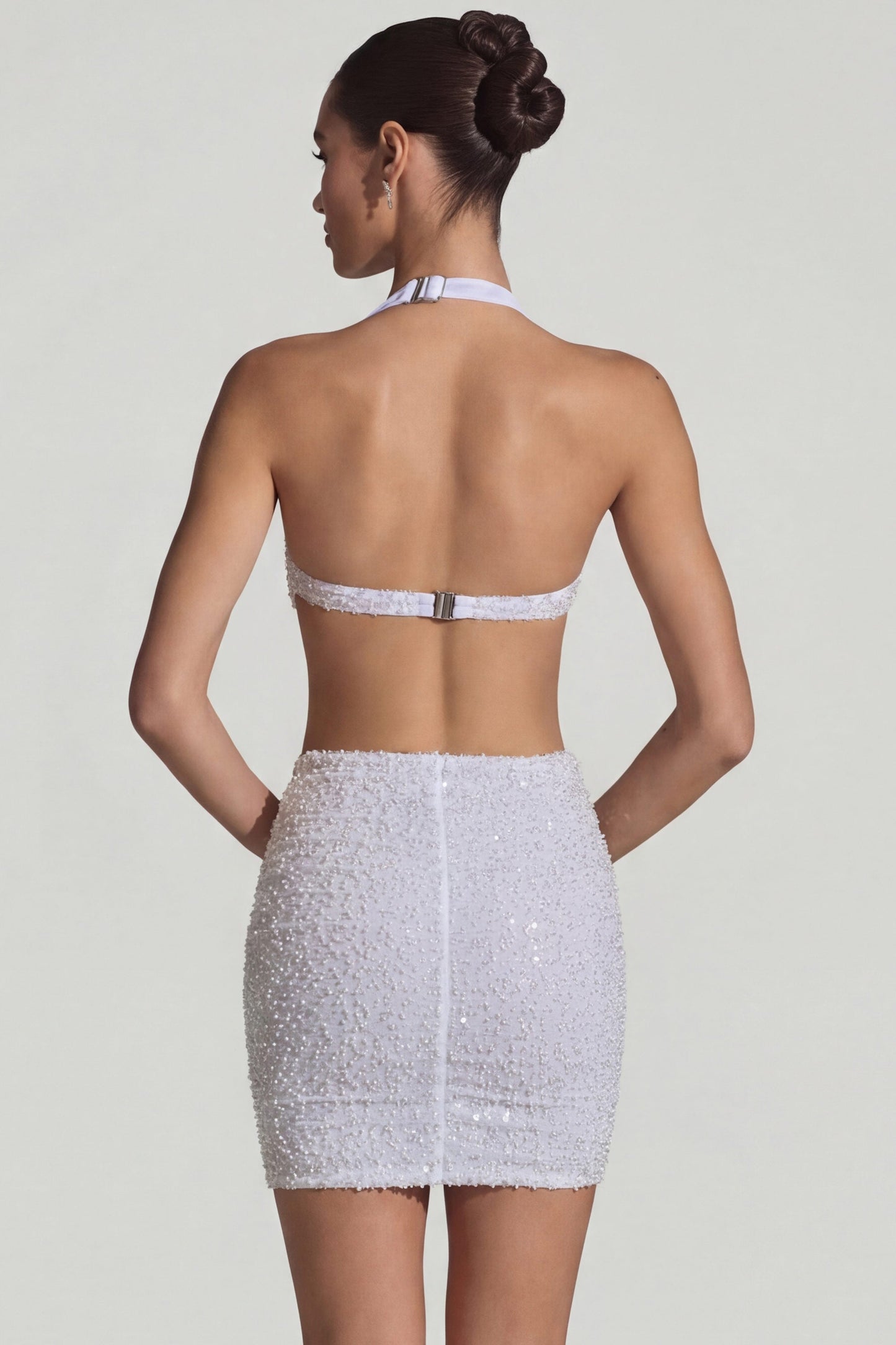 Embellished Cut-Out Halterneck Mini Dress in White