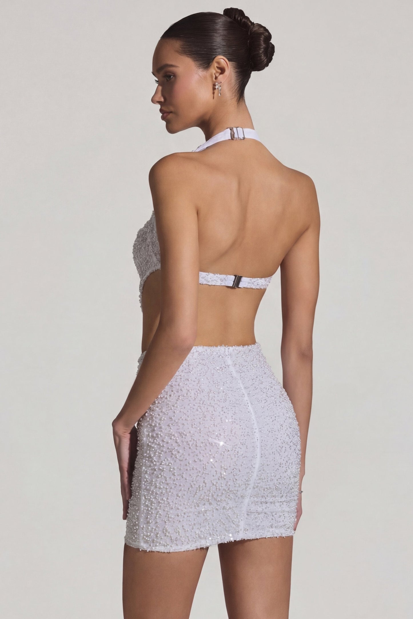 Embellished Cut-Out Halterneck Mini Dress in White