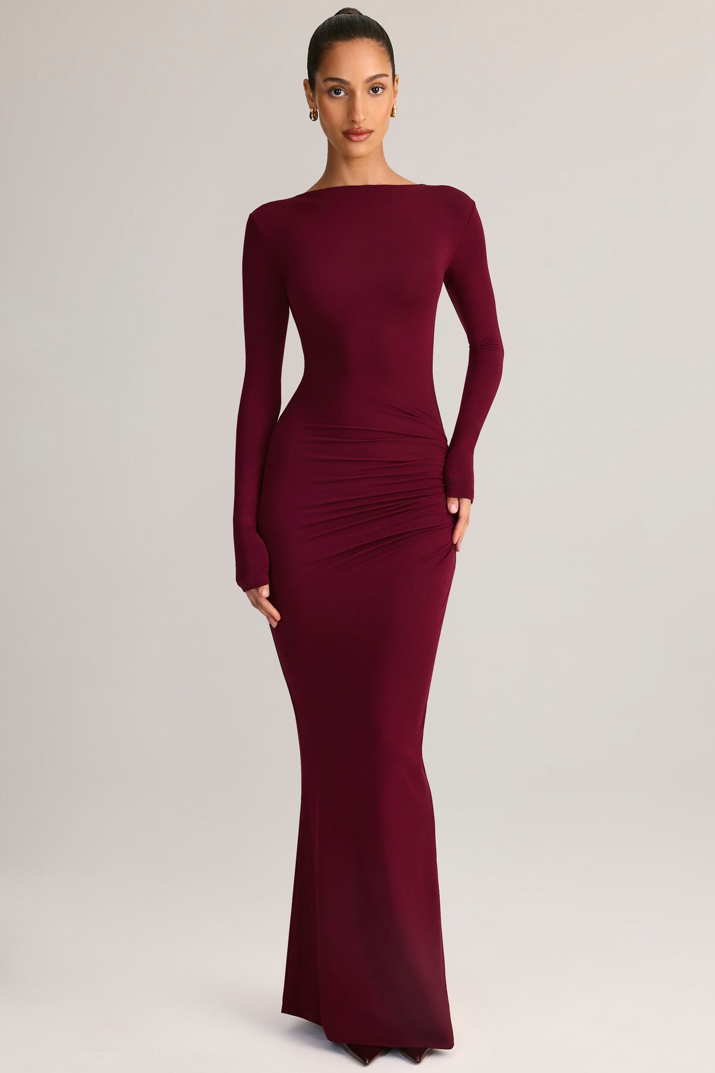 Modal Ruched Backless Maxi Dress in Wine