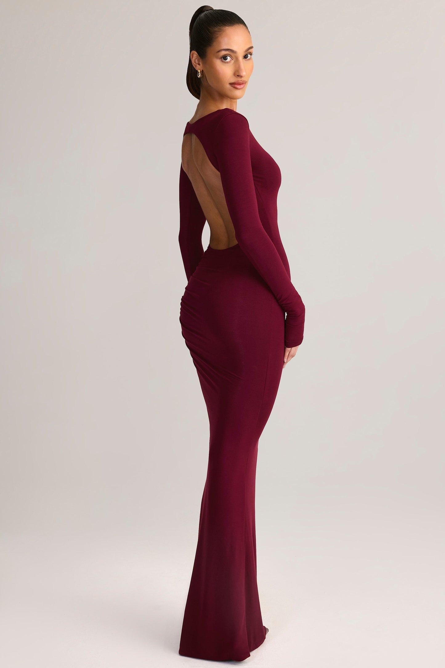 Modal Ruched Backless Maxi Dress in Wine