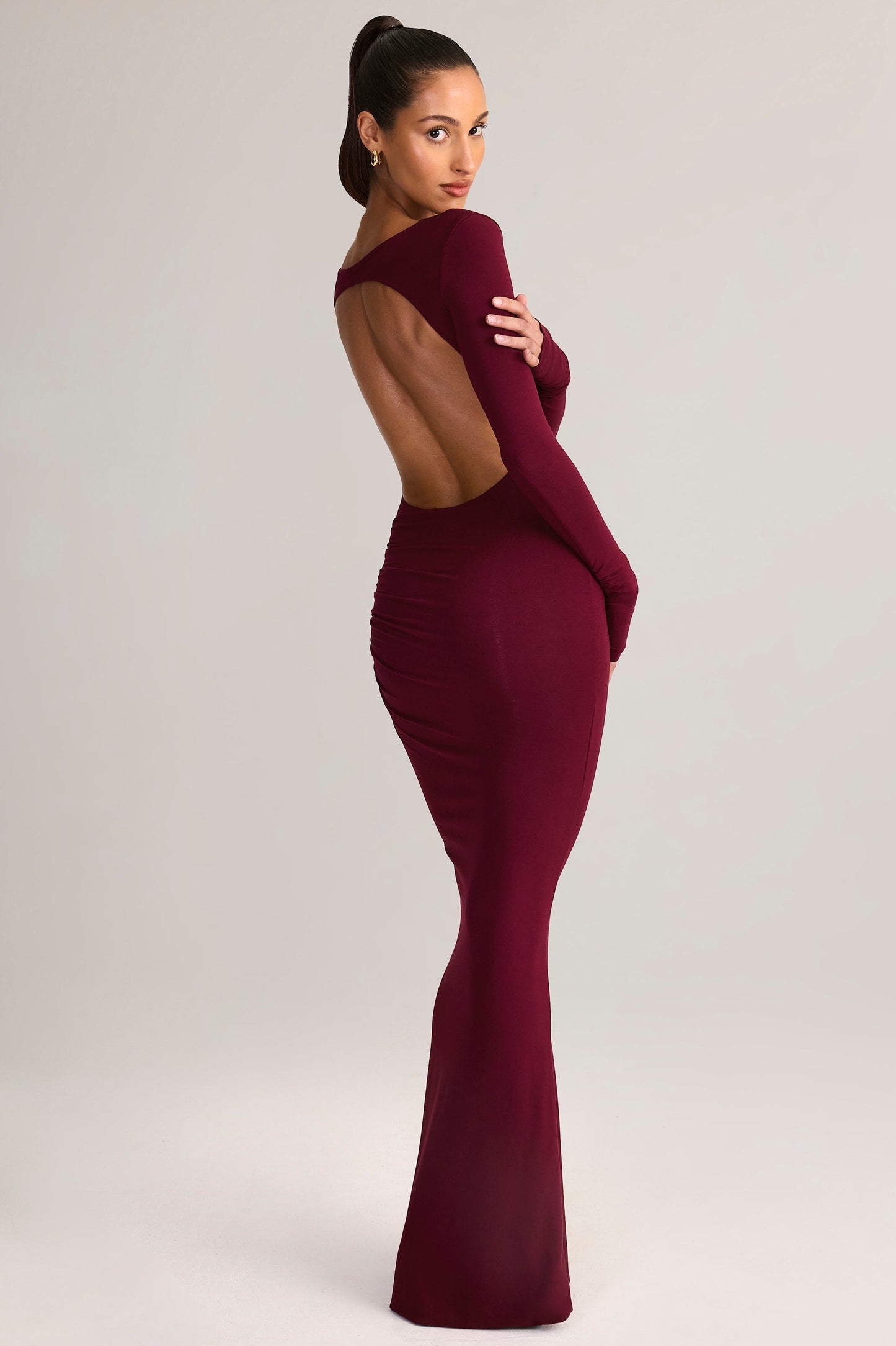 Modal Ruched Backless Maxi Dress in Wine