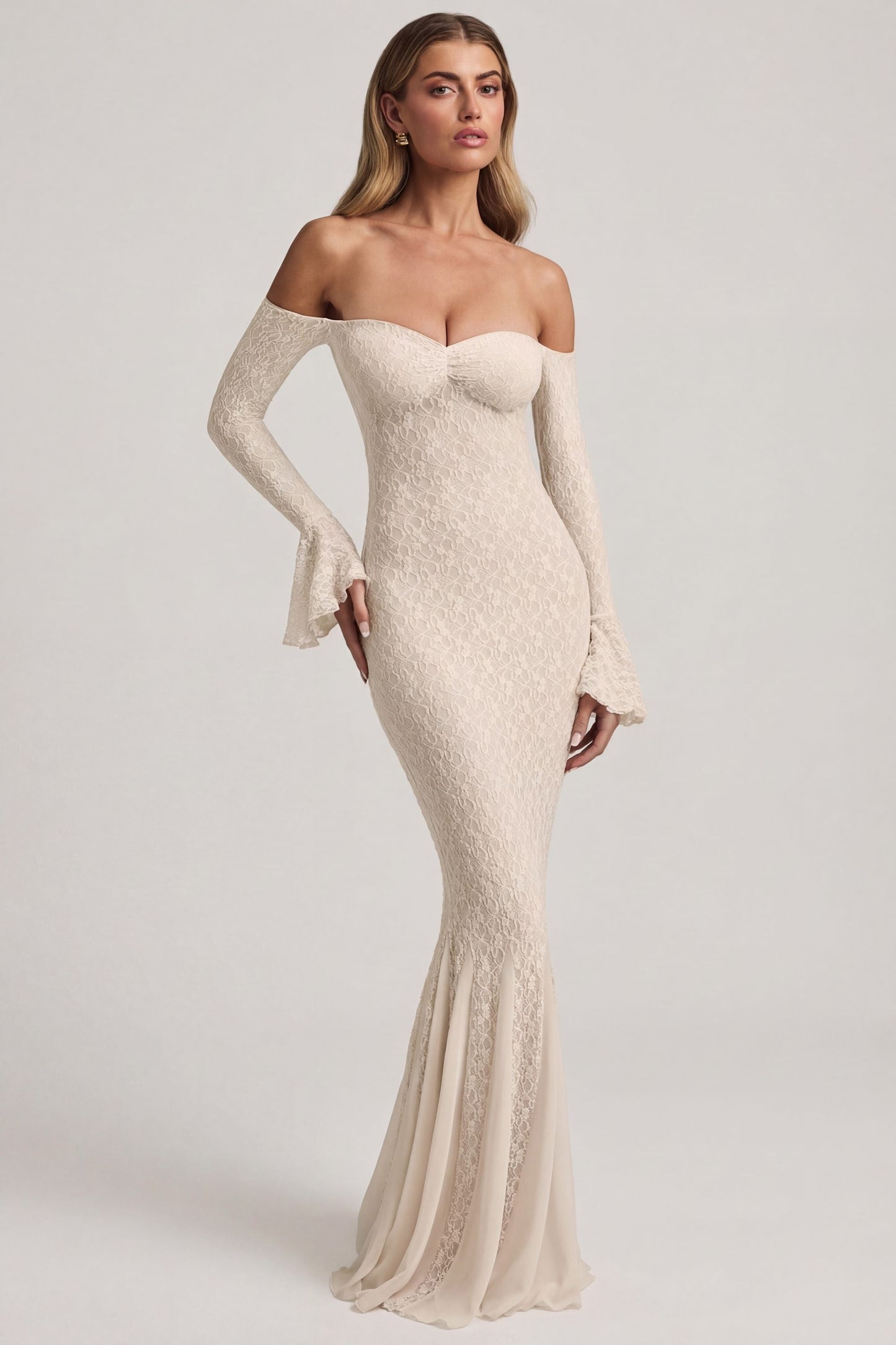 Off-Shoulder Ruffle Lace Maxi Dress in Ivory