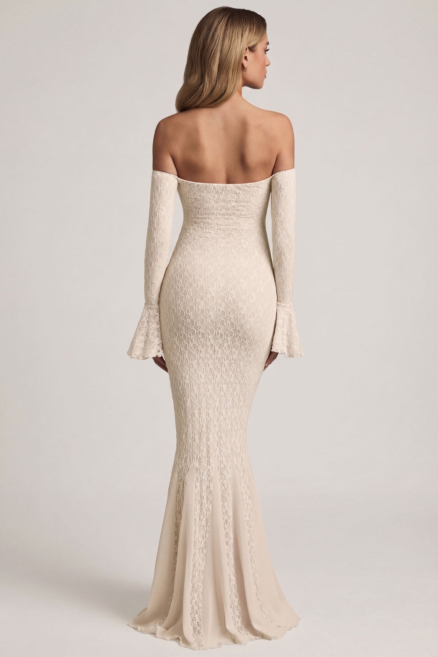 Off-Shoulder Ruffle Lace Maxi Dress in Ivory