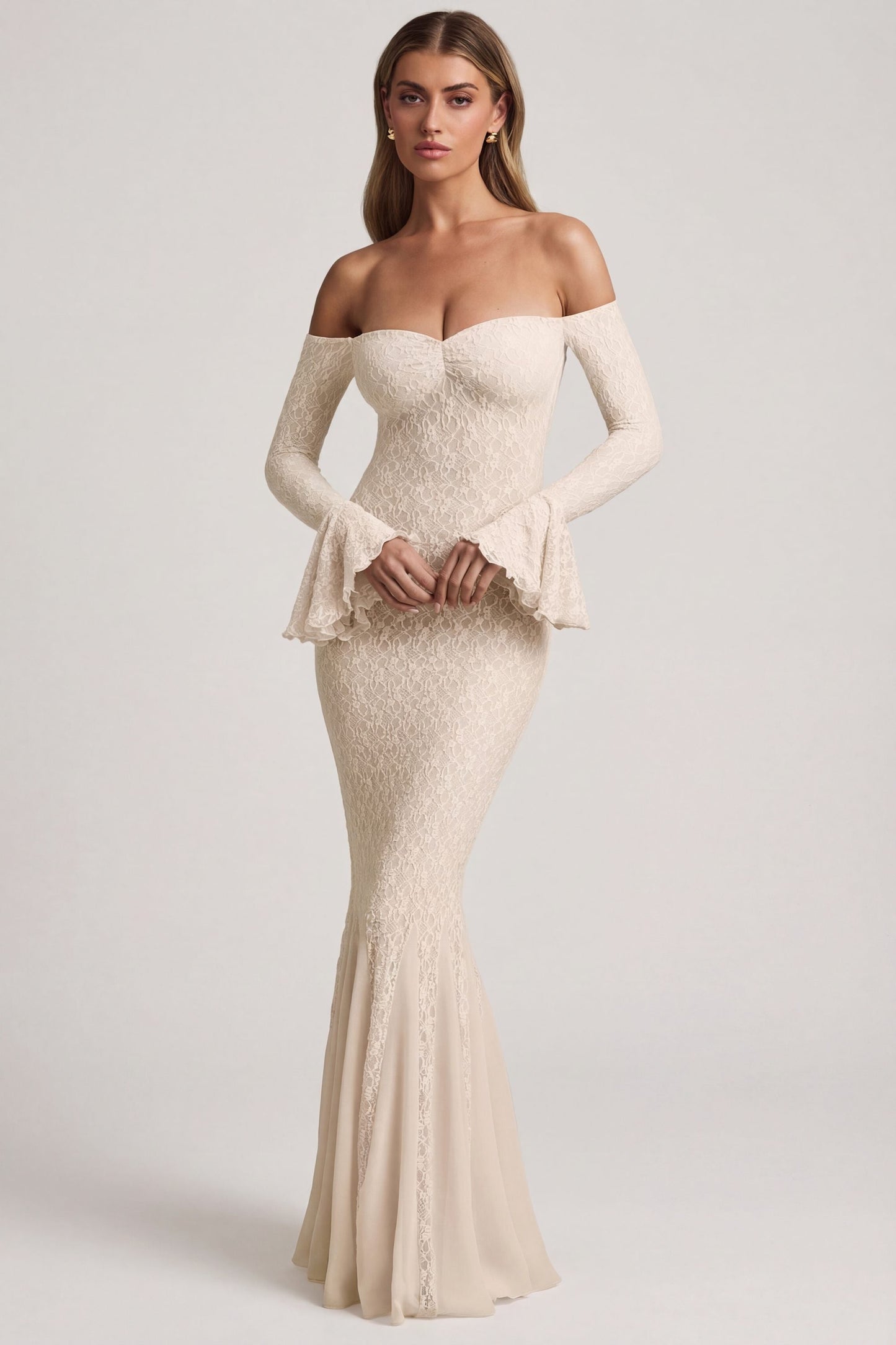 Off-Shoulder Ruffle Lace Maxi Dress in Ivory