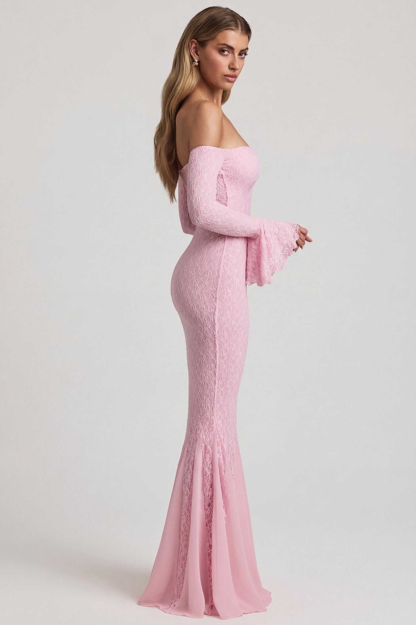 Off-Shoulder Ruffle Lace Maxi Dress in Soft Pink