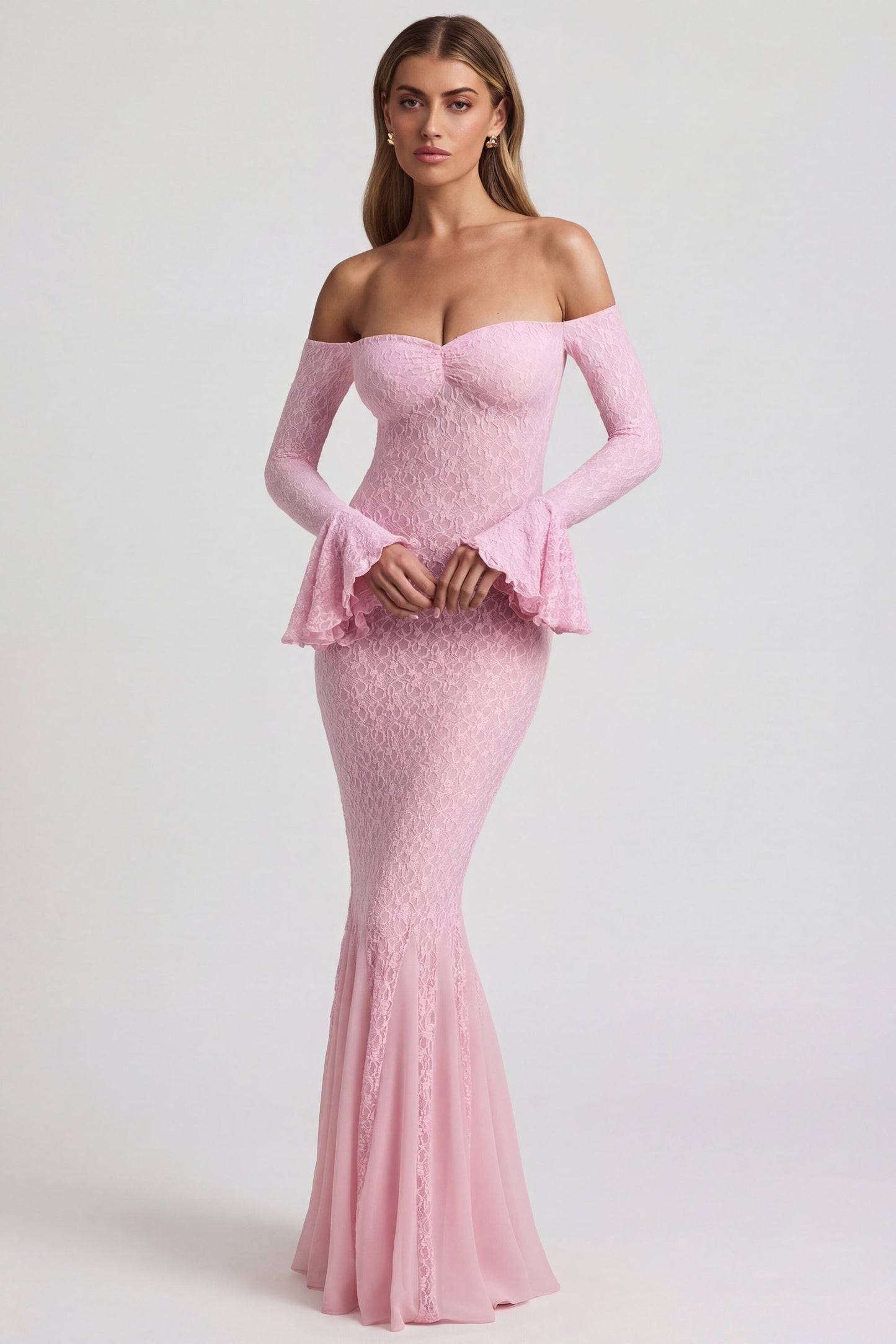Off-Shoulder Ruffle Lace Maxi Dress in Soft Pink