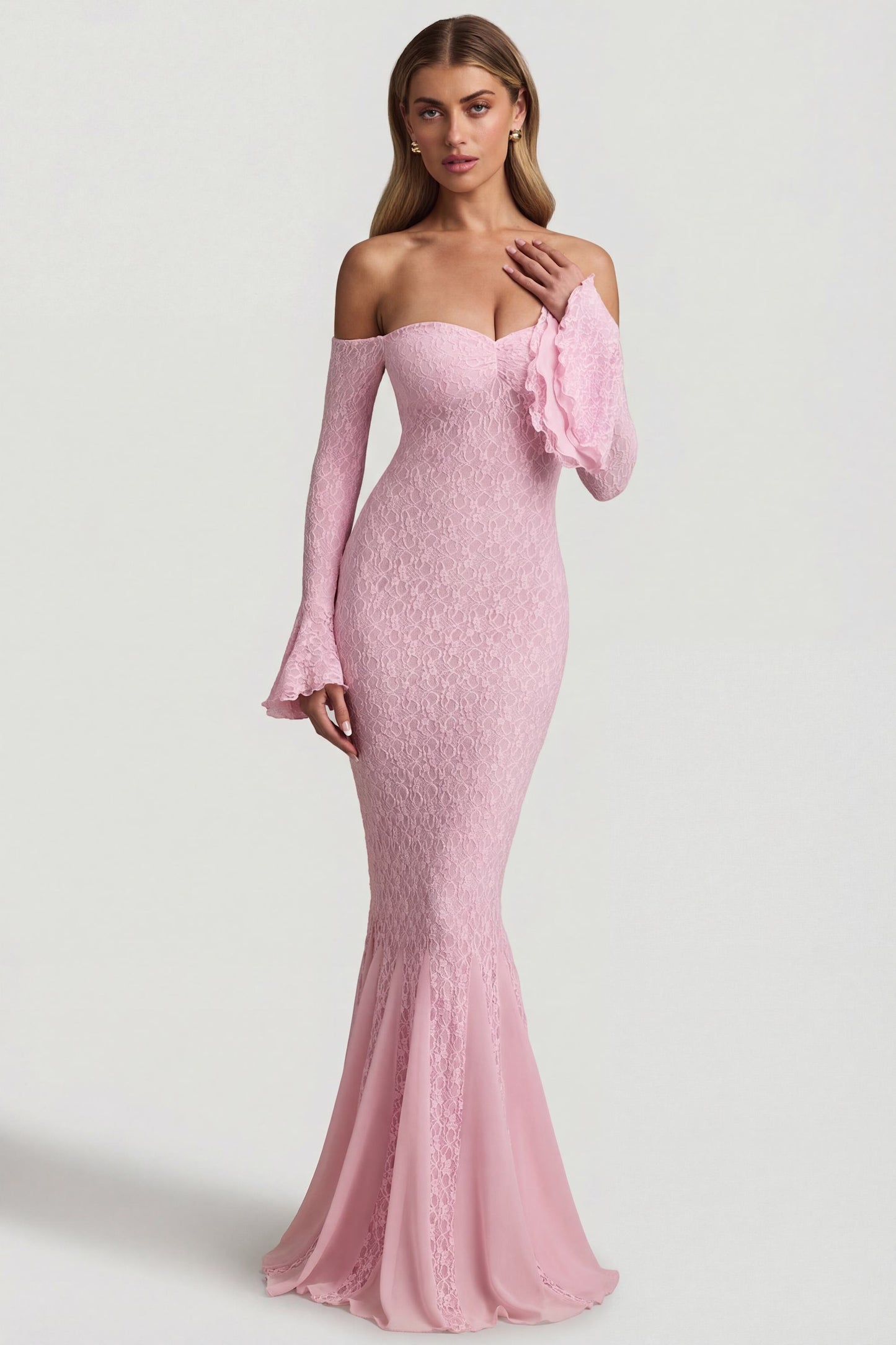 Off-Shoulder Ruffle Lace Maxi Dress in Soft Pink