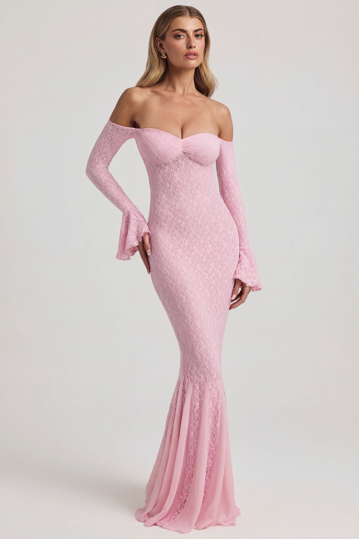 Off-Shoulder Ruffle Lace Maxi Dress in Soft Pink