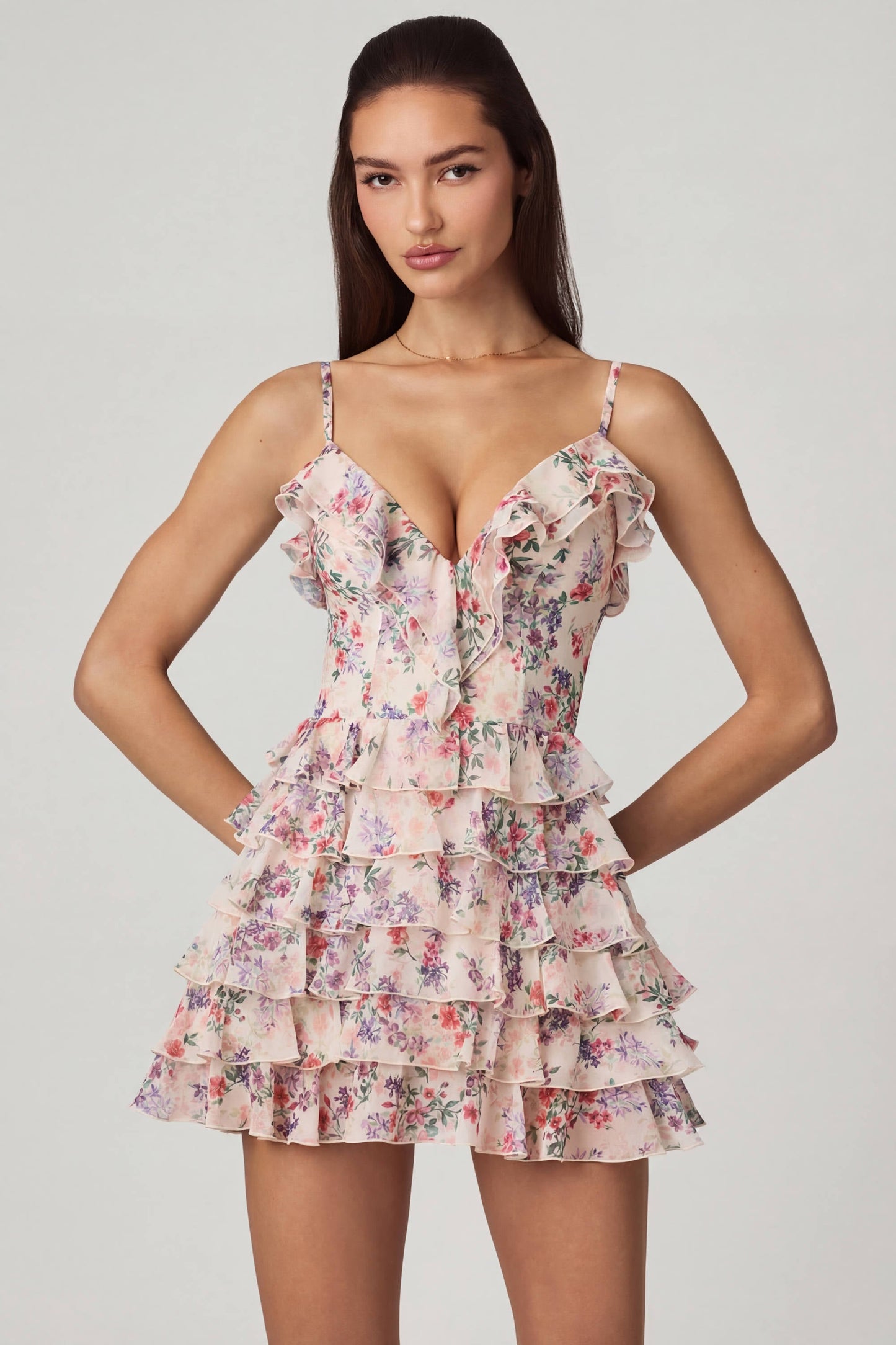 Ruffled Lace-Up A-Line Mini Dress in Primrose Floral Print