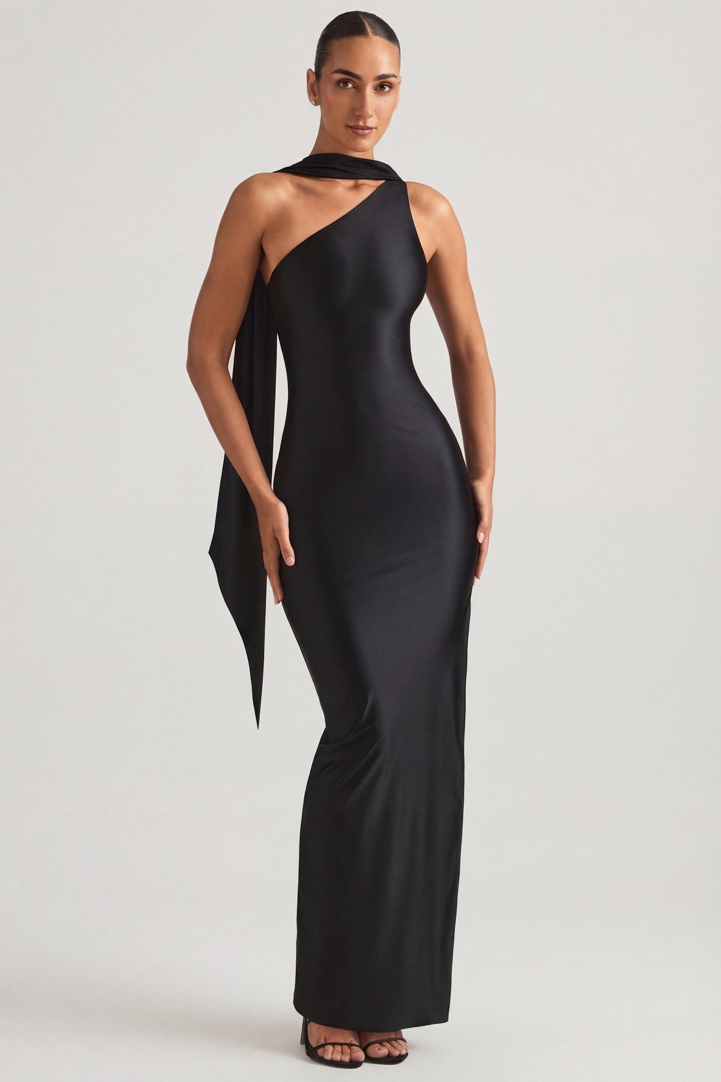 Asymmetric Scarf-Detail Maxi Dress in Black