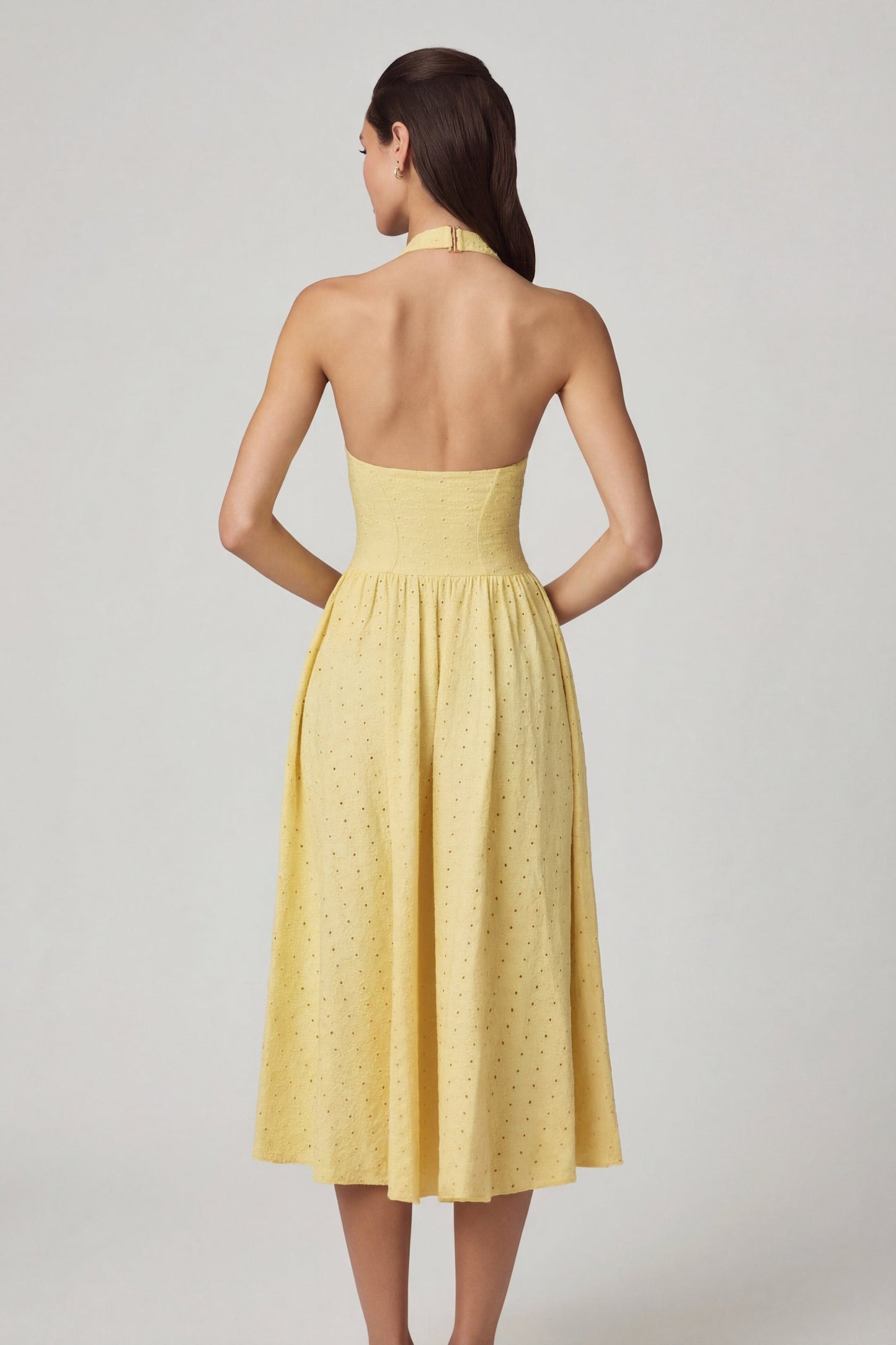 Modal Broderie Anglaise Halterneck Midaxi Dress in Lemon Yellow