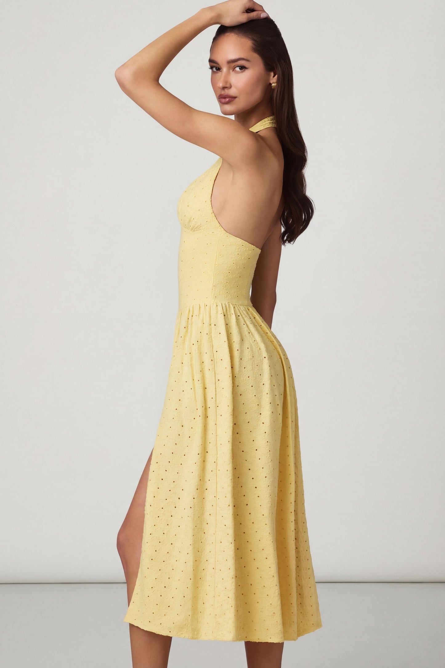 Modal Broderie Anglaise Halterneck Midaxi Dress in Lemon Yellow