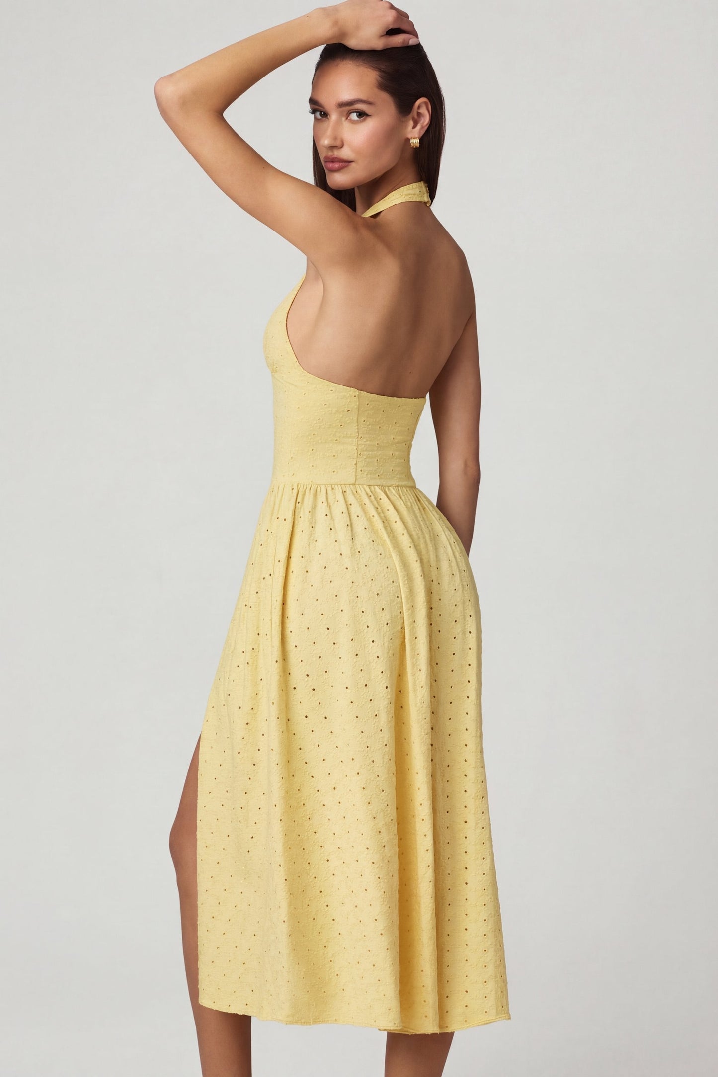 Modal Broderie Anglaise Halterneck Midaxi Dress in Lemon Yellow