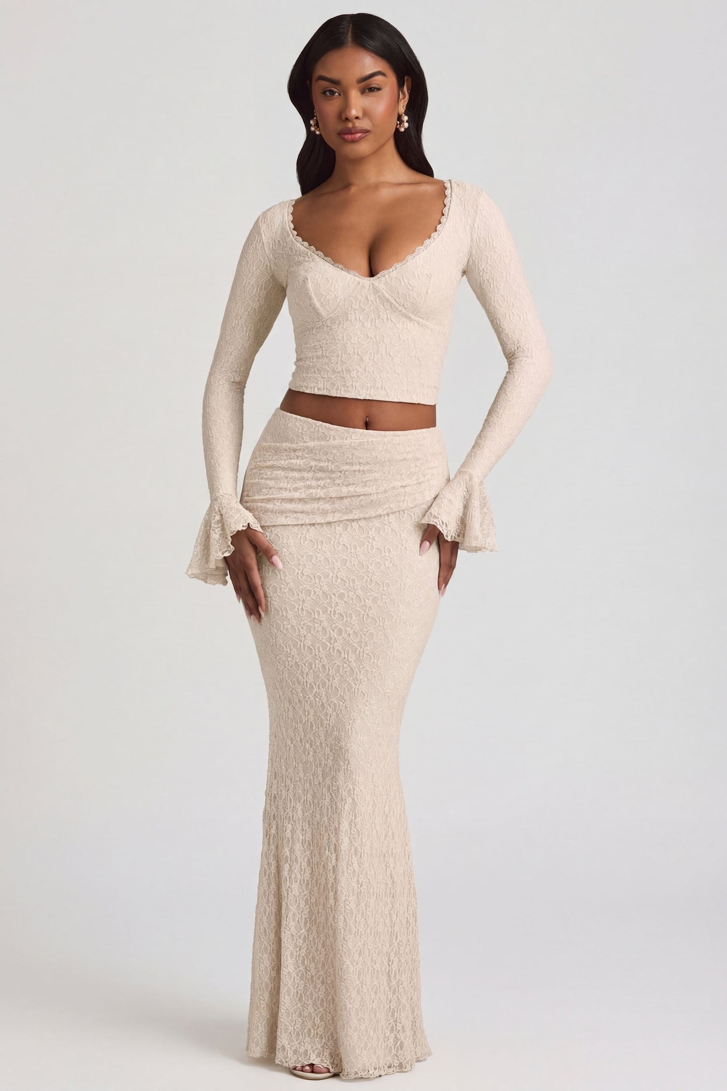 Ruffle Long-Sleeve Lace Top in Ivory