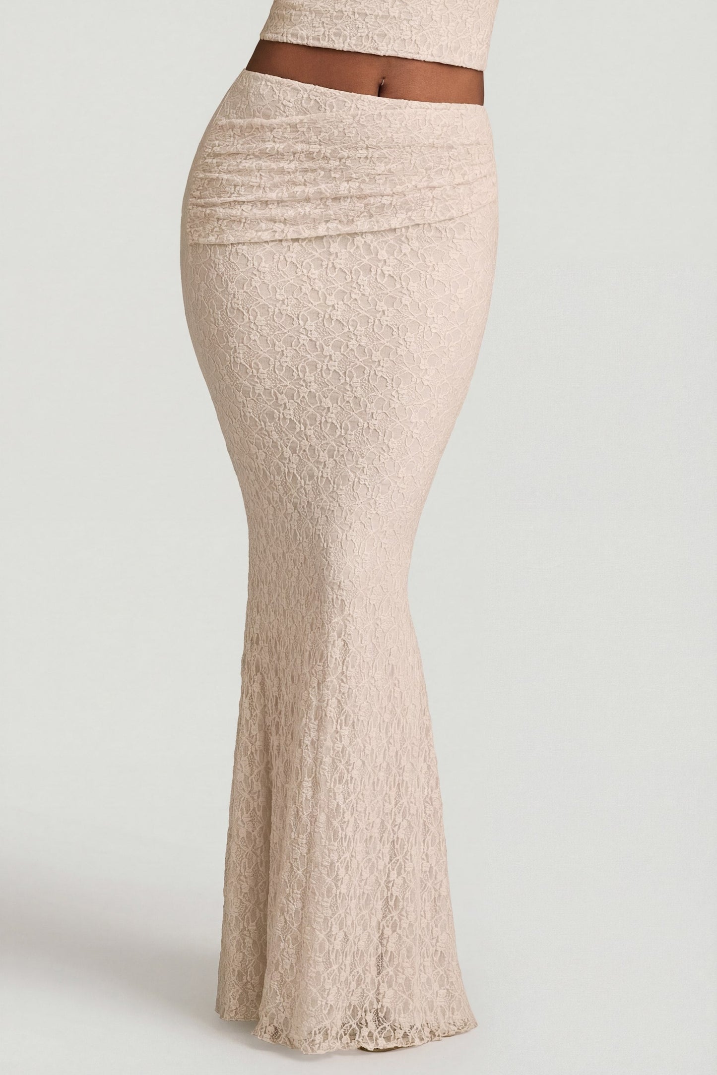 Draped Low-Rise Lace Maxi Skirt in Ivory
