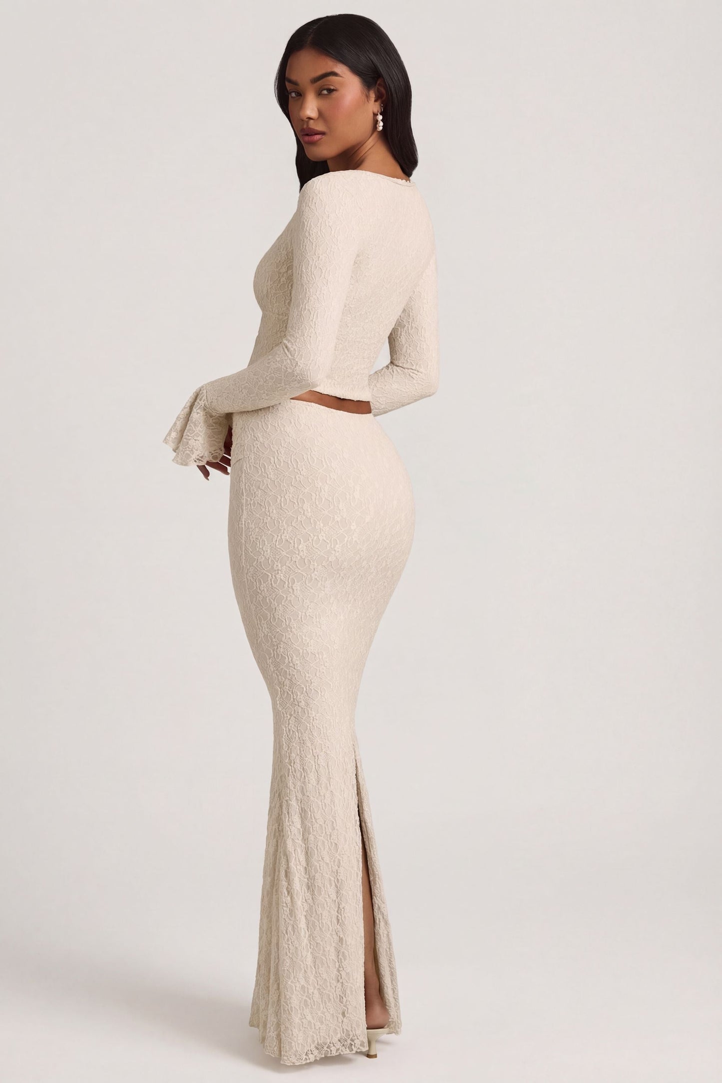 Draped Low-Rise Lace Maxi Skirt in Ivory