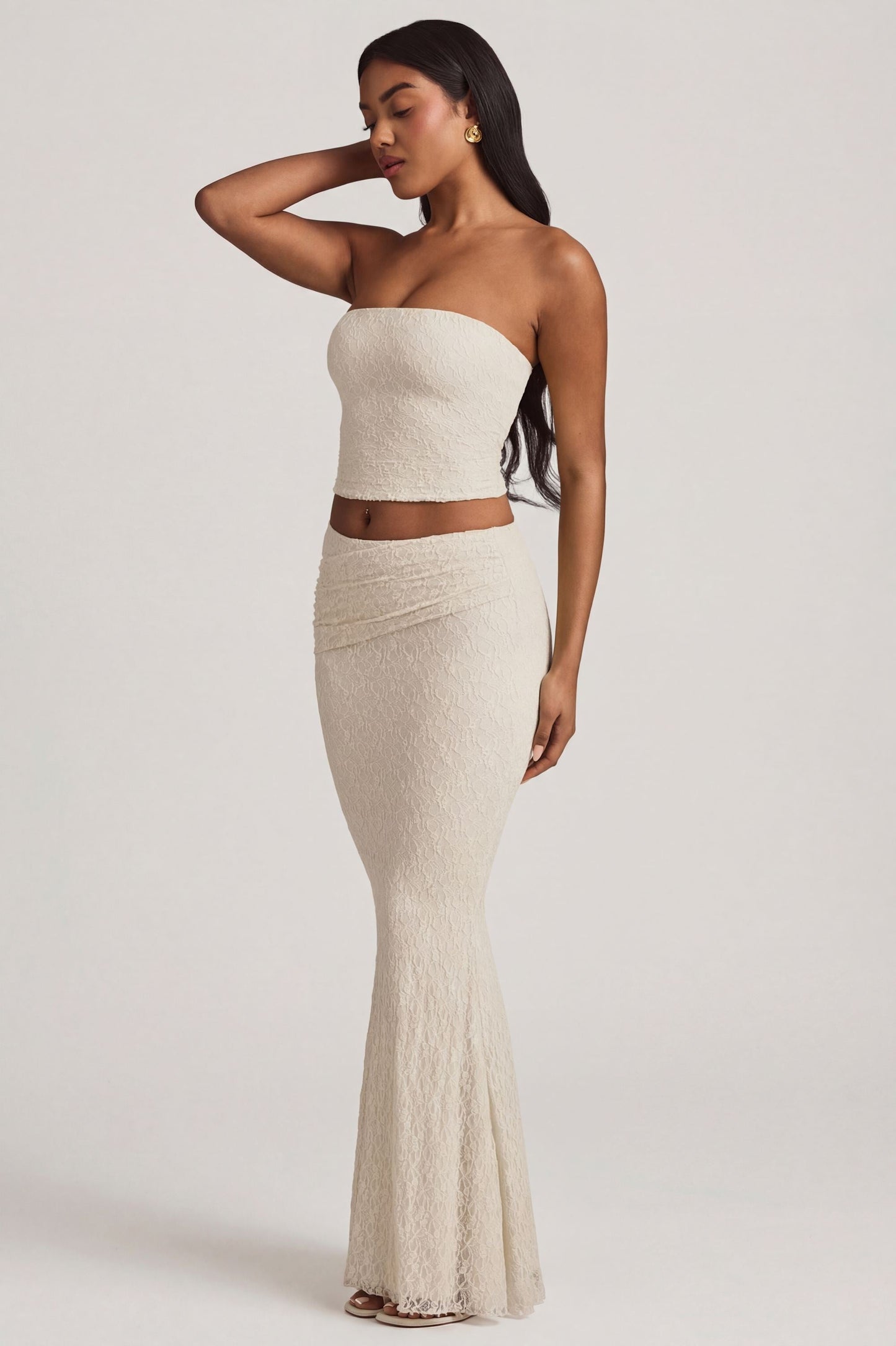 Ruched Strapless Lace Top in Ivory