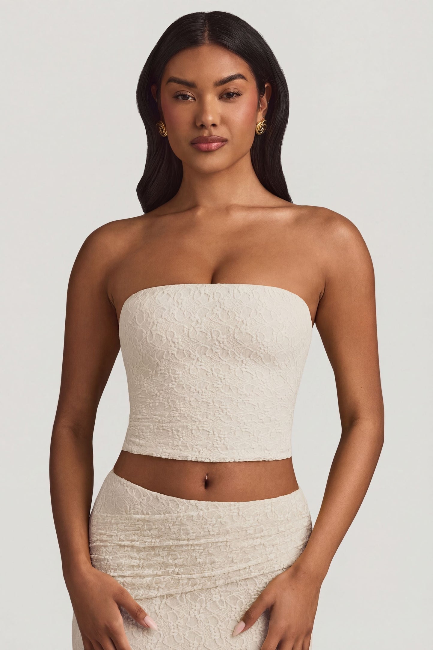 Ruched Strapless Lace Top in Ivory