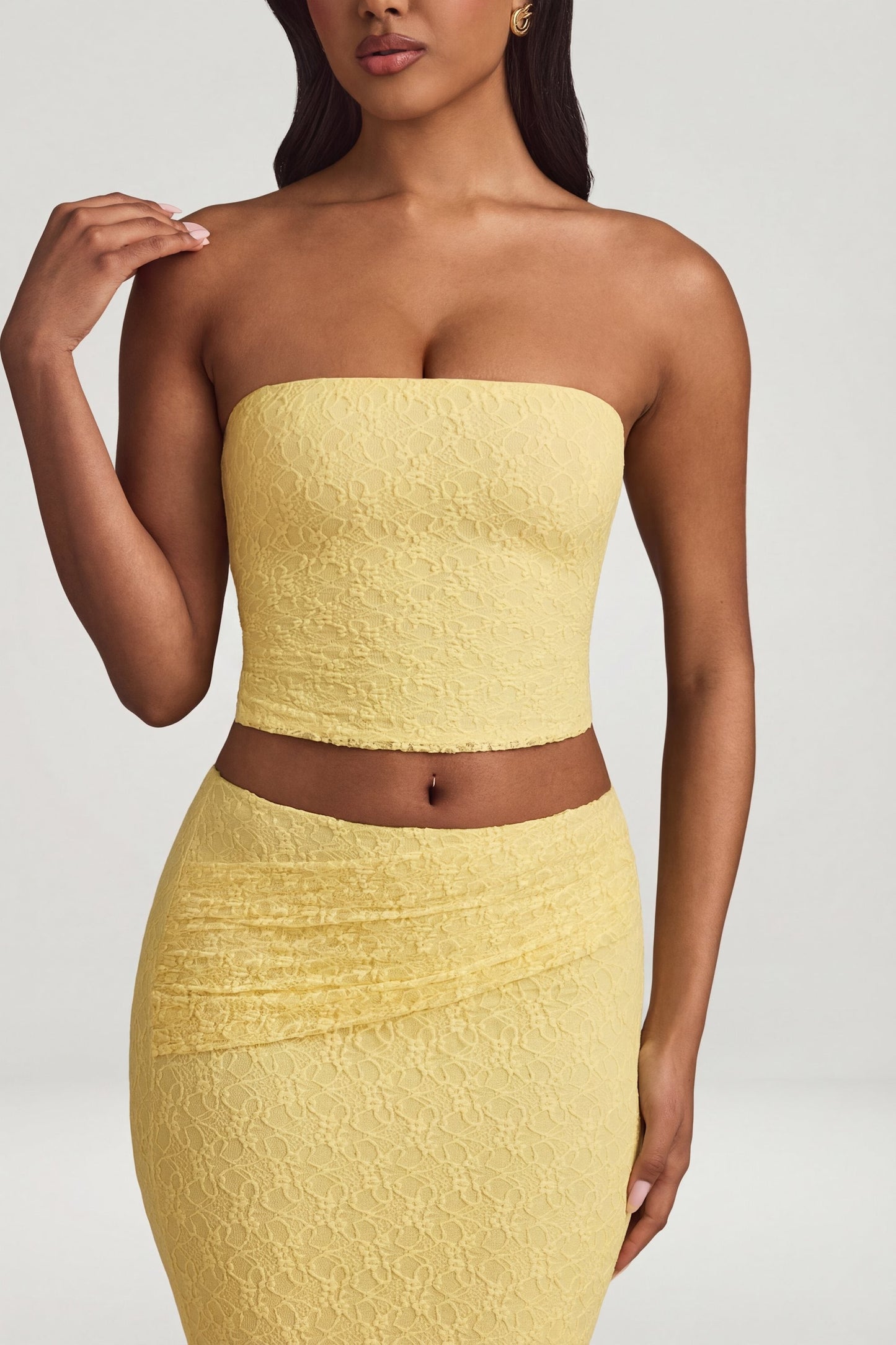 Ruched Strapless Lace Top in Pastel Yellow
