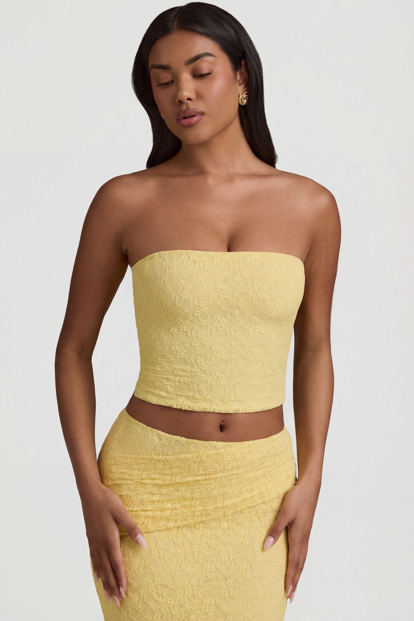 Ruched Strapless Lace Top in Pastel Yellow