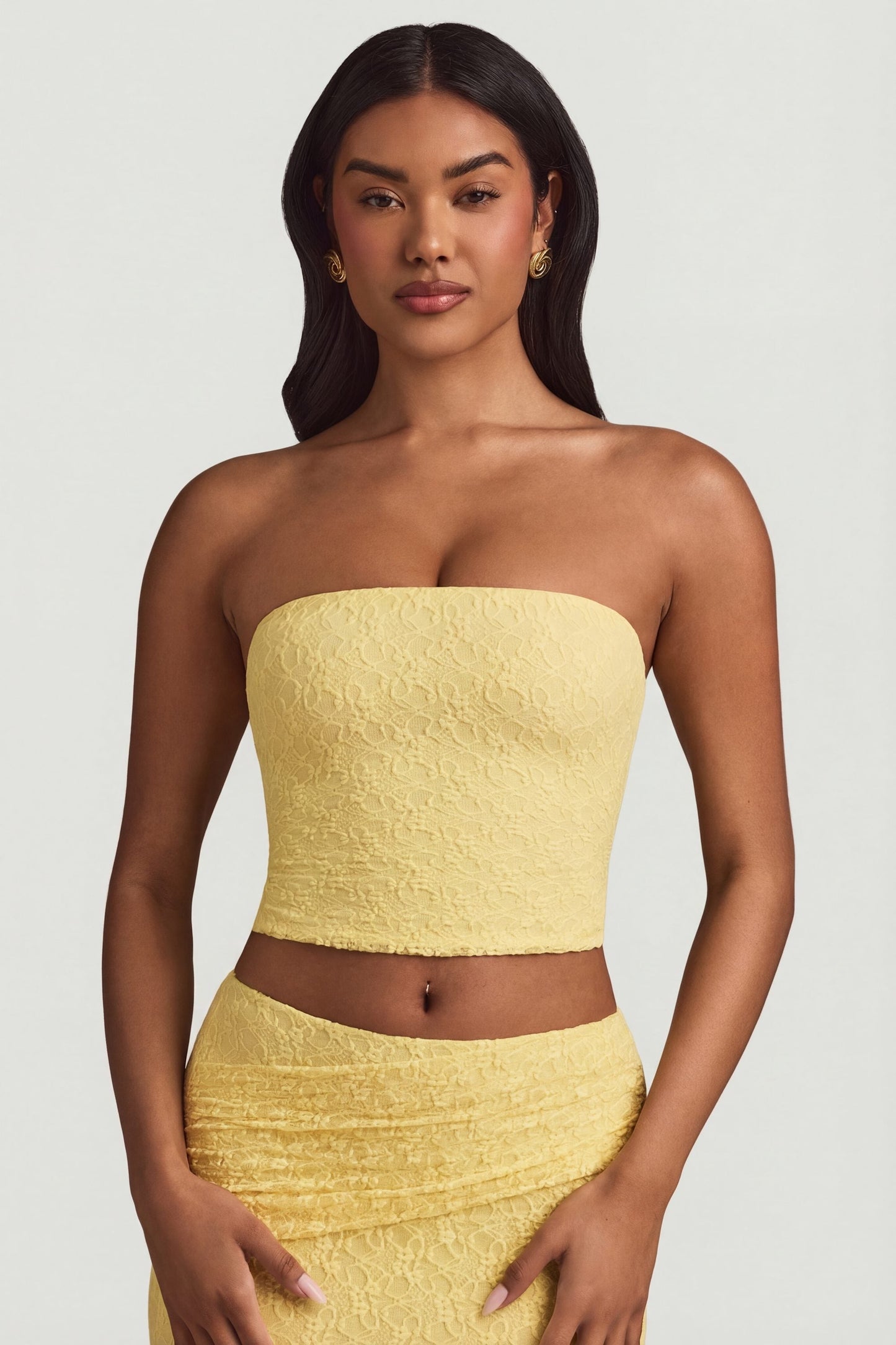 Ruched Strapless Lace Top in Pastel Yellow