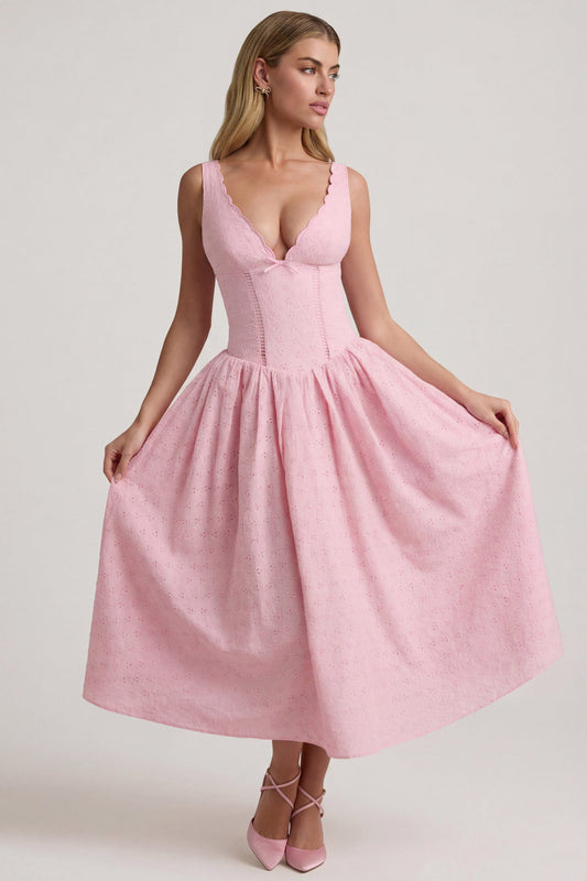 Broderie Anglaise Bow-Detail A-Line Midaxi Dress in Soft Pink