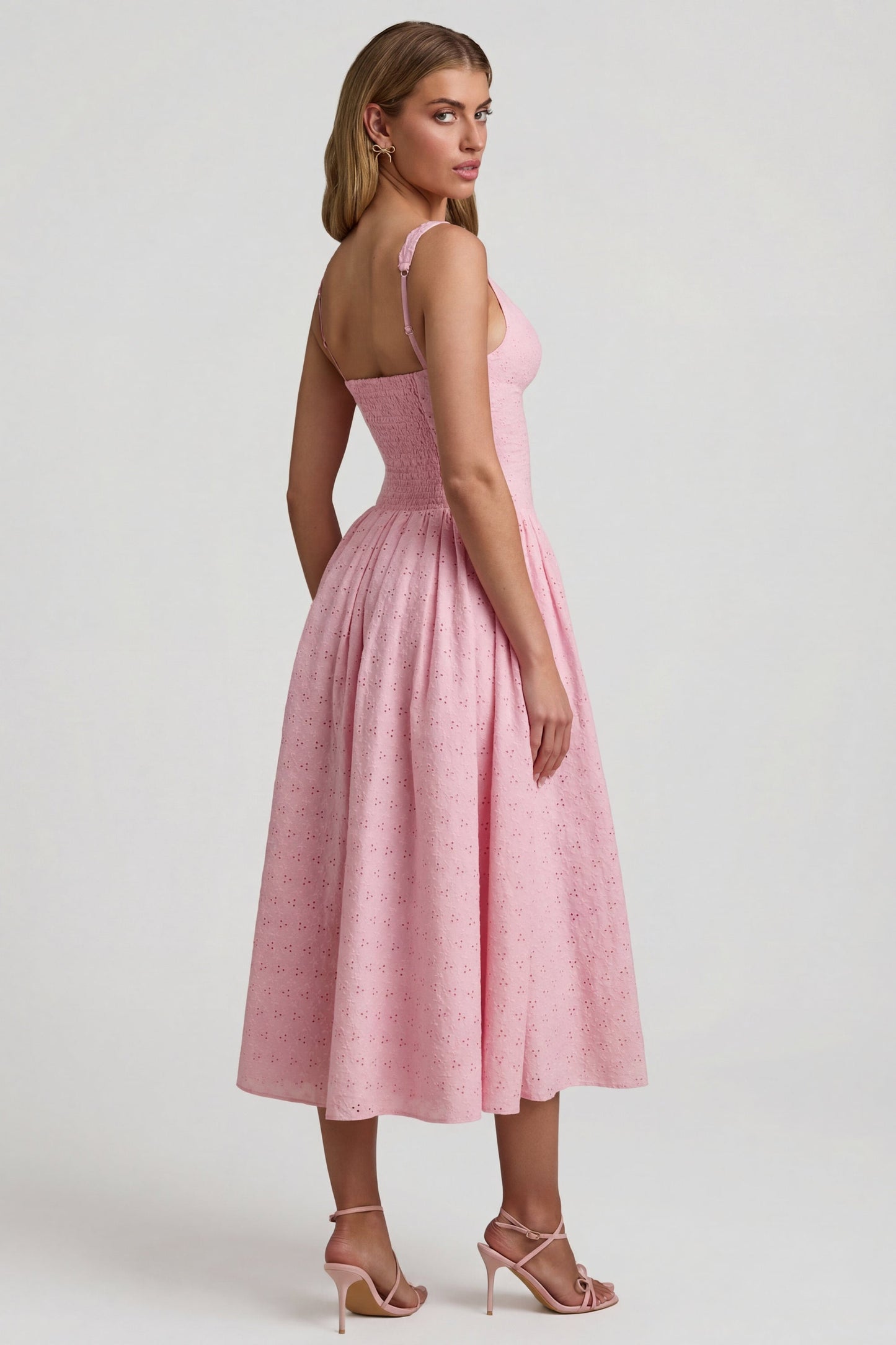 Broderie Anglaise Bow-Detail A-Line Midaxi Dress in Soft Pink