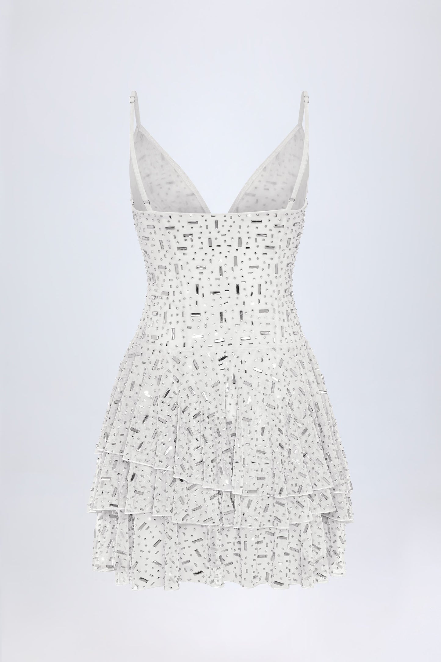 Embellished Ruffled Tiered Mini Dress in White