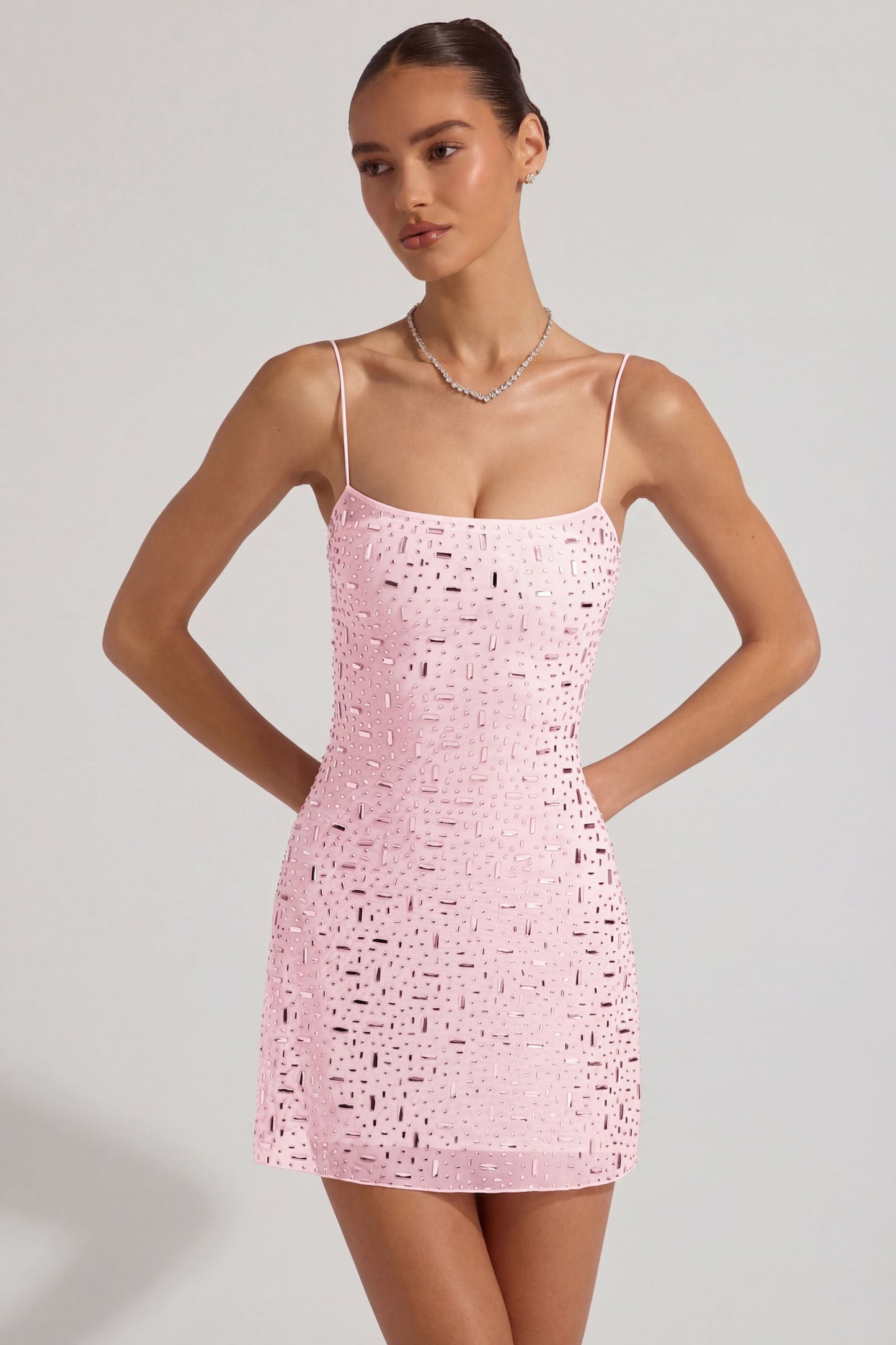 Sheer Embellished Square-Neck Mini Dress in Pink