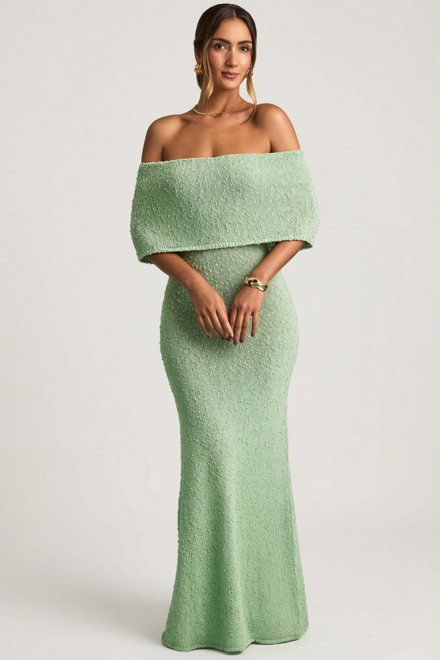 Bouclé Off-Shoulder Maxi Dress in Mint