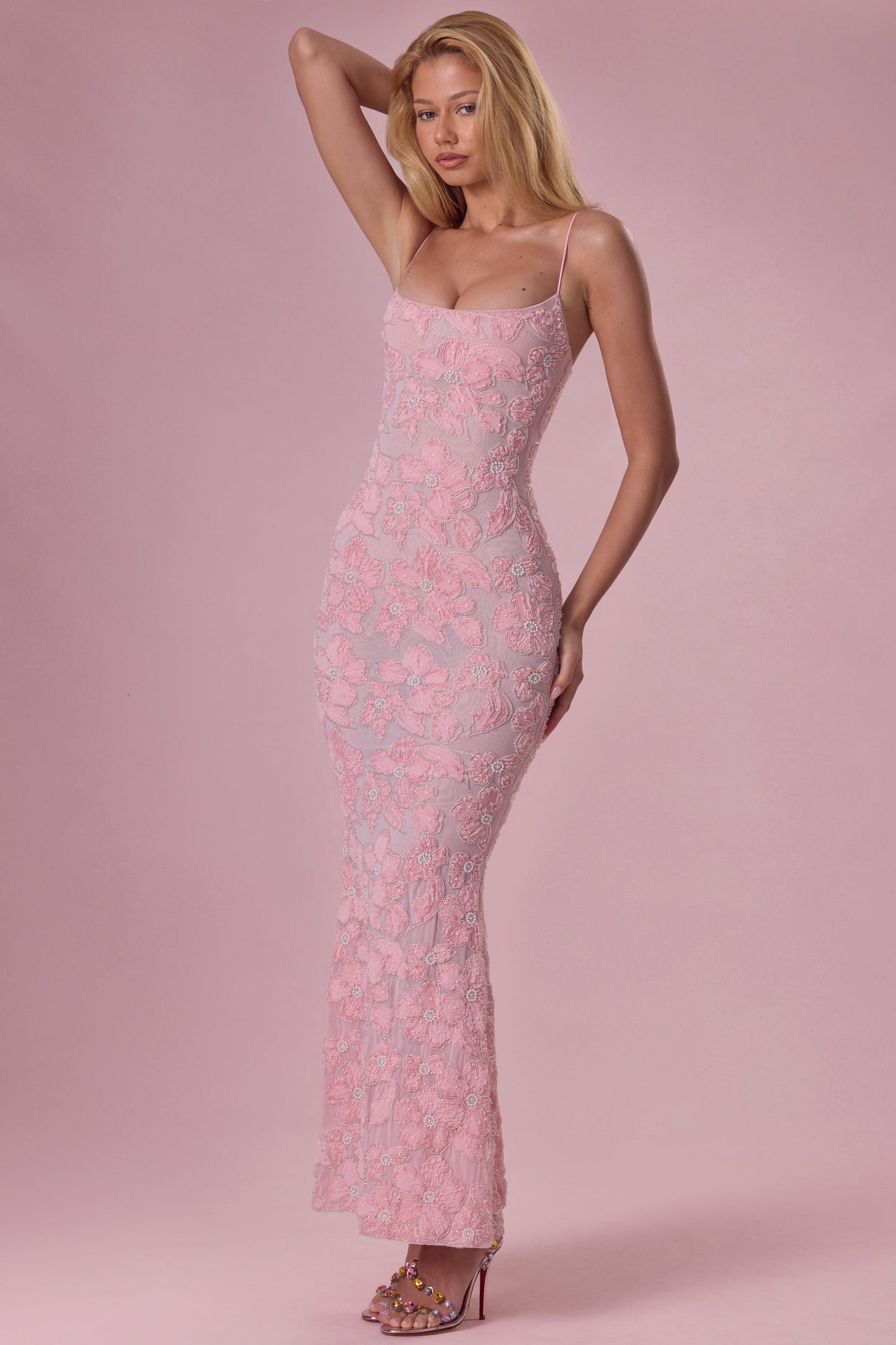 Embellished Square Neck Maxi Dress in Blush Pink