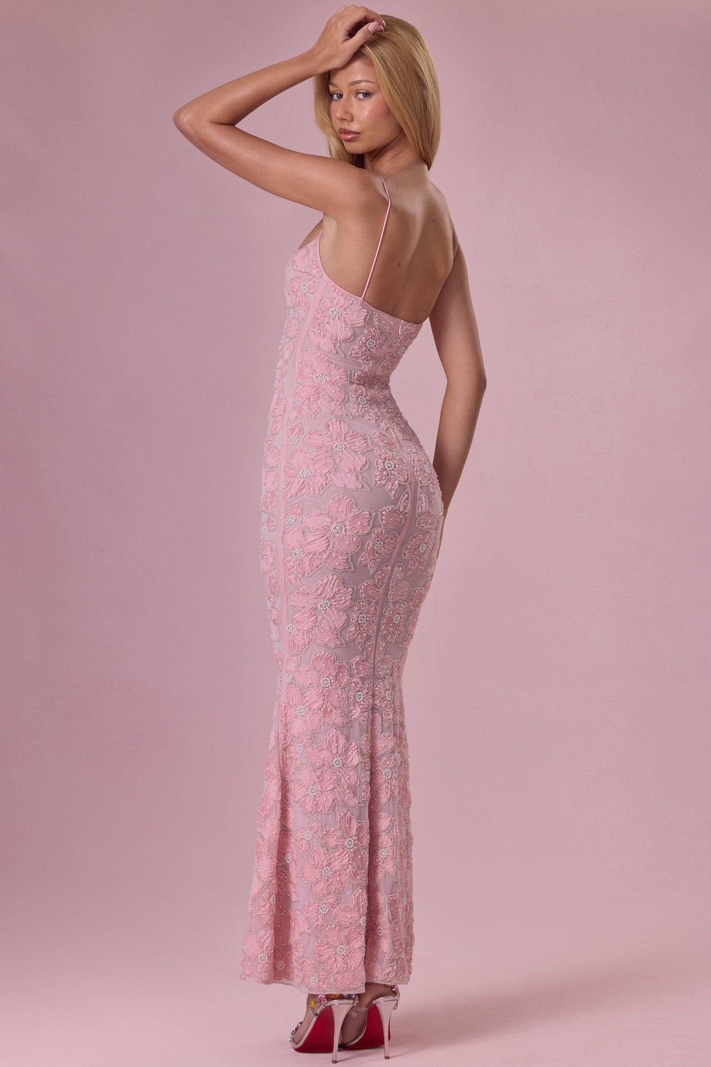 Embellished Square Neck Maxi Dress in Blush Pink
