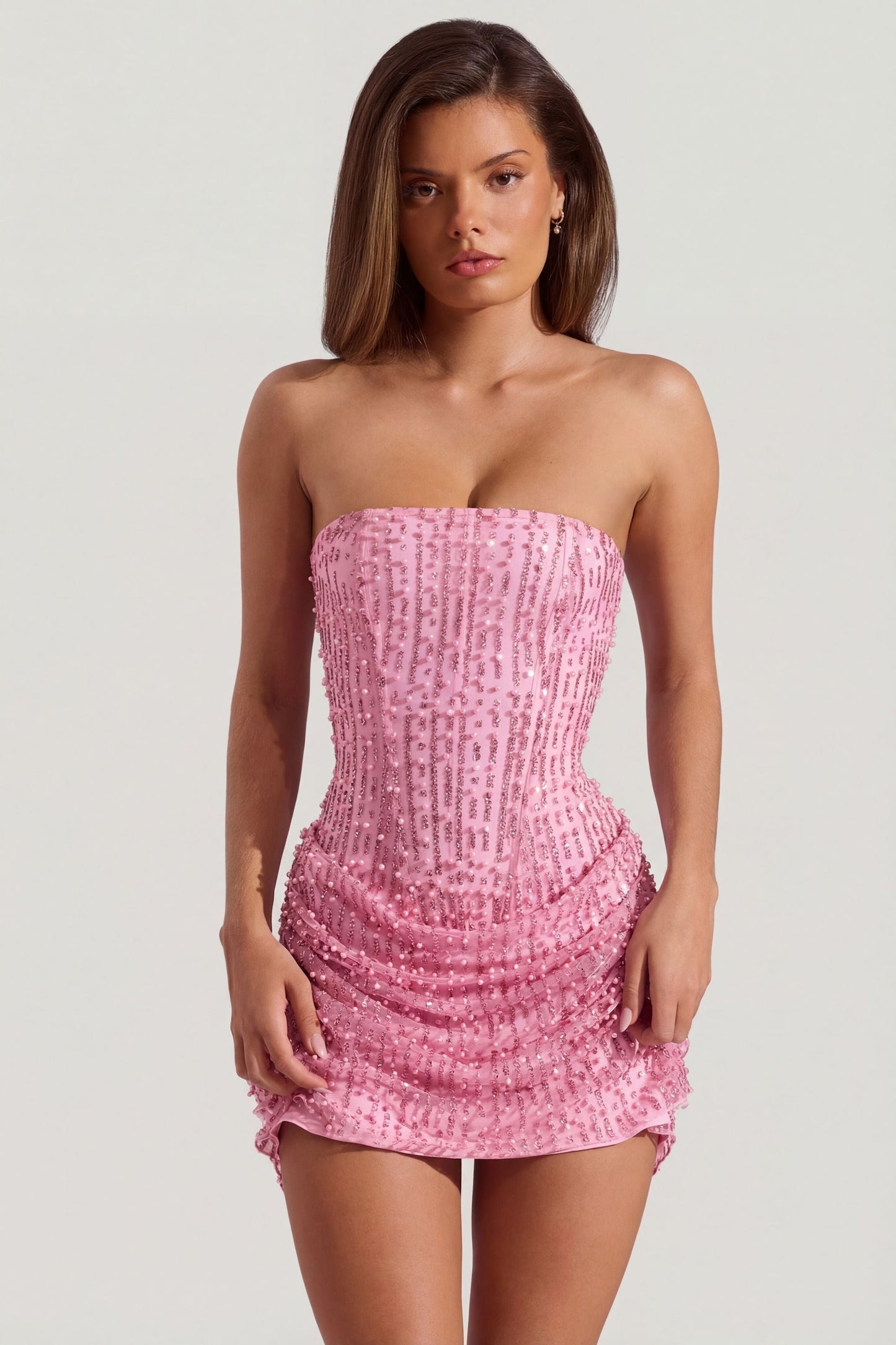 Embellished Draped Strapless A-Line Mini Dress in Pink