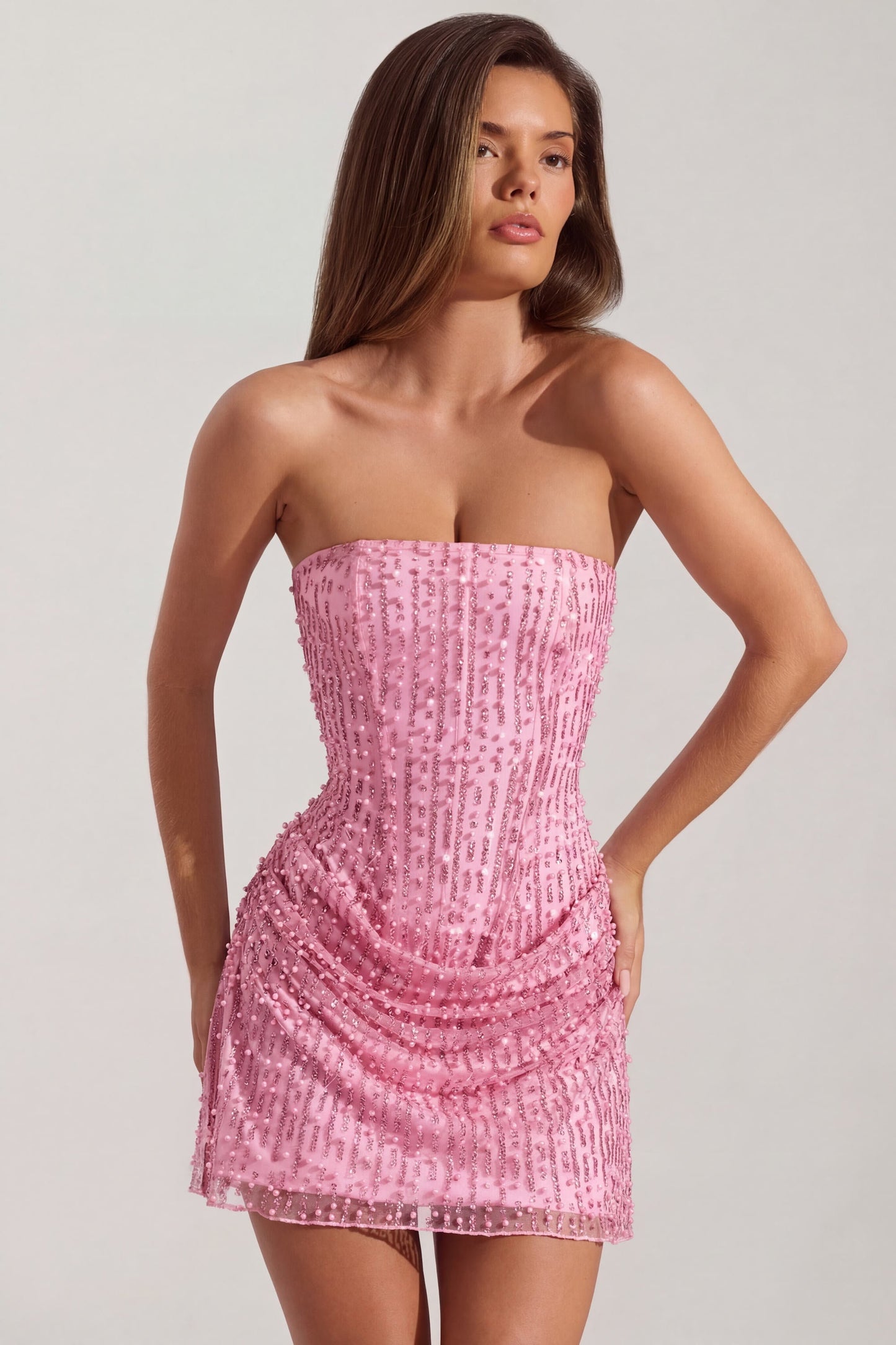Embellished Draped Strapless A-Line Mini Dress in Pink