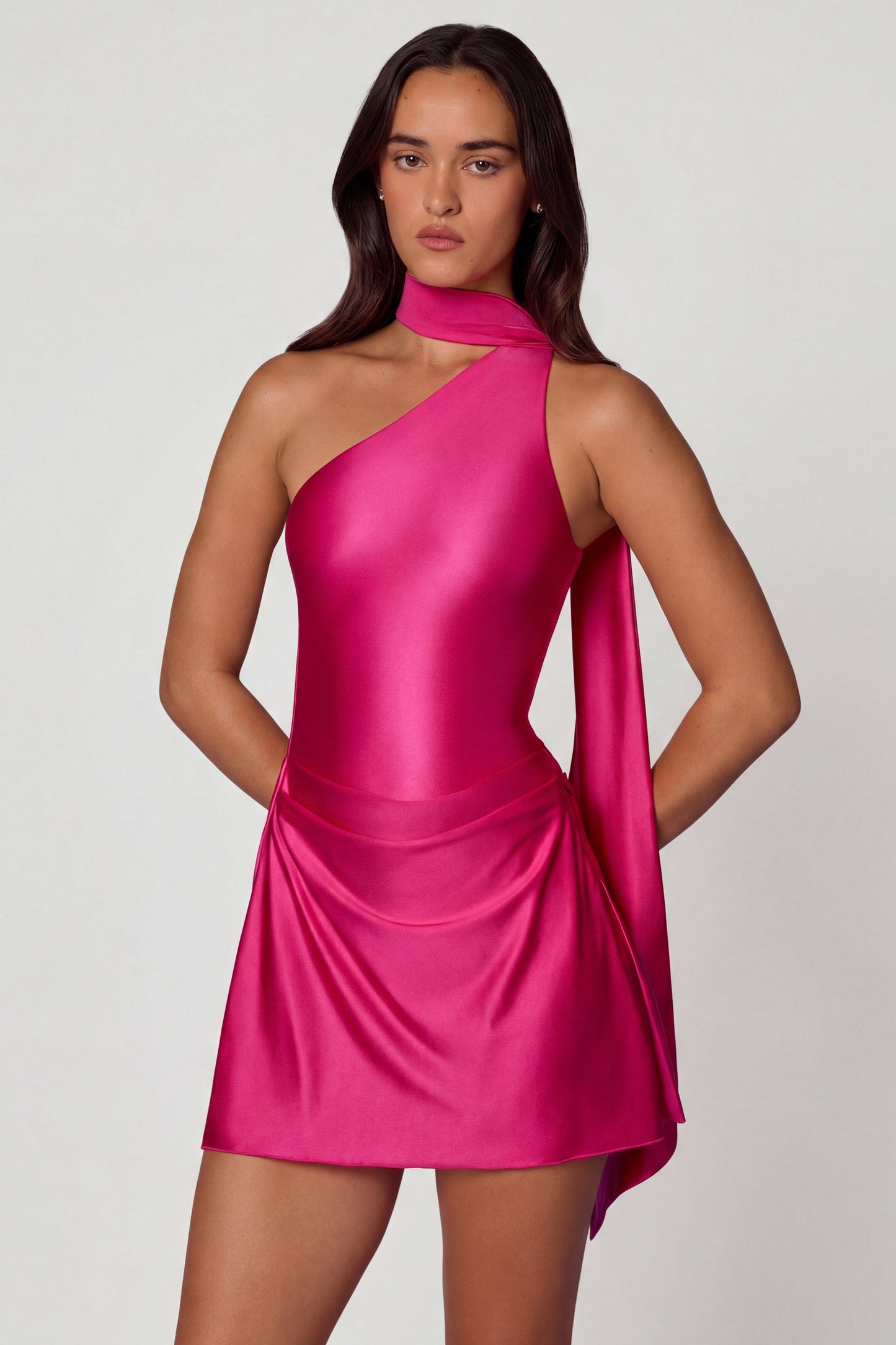 Asymmetric Scarf-Detail Mini Dress in Hot Pink
