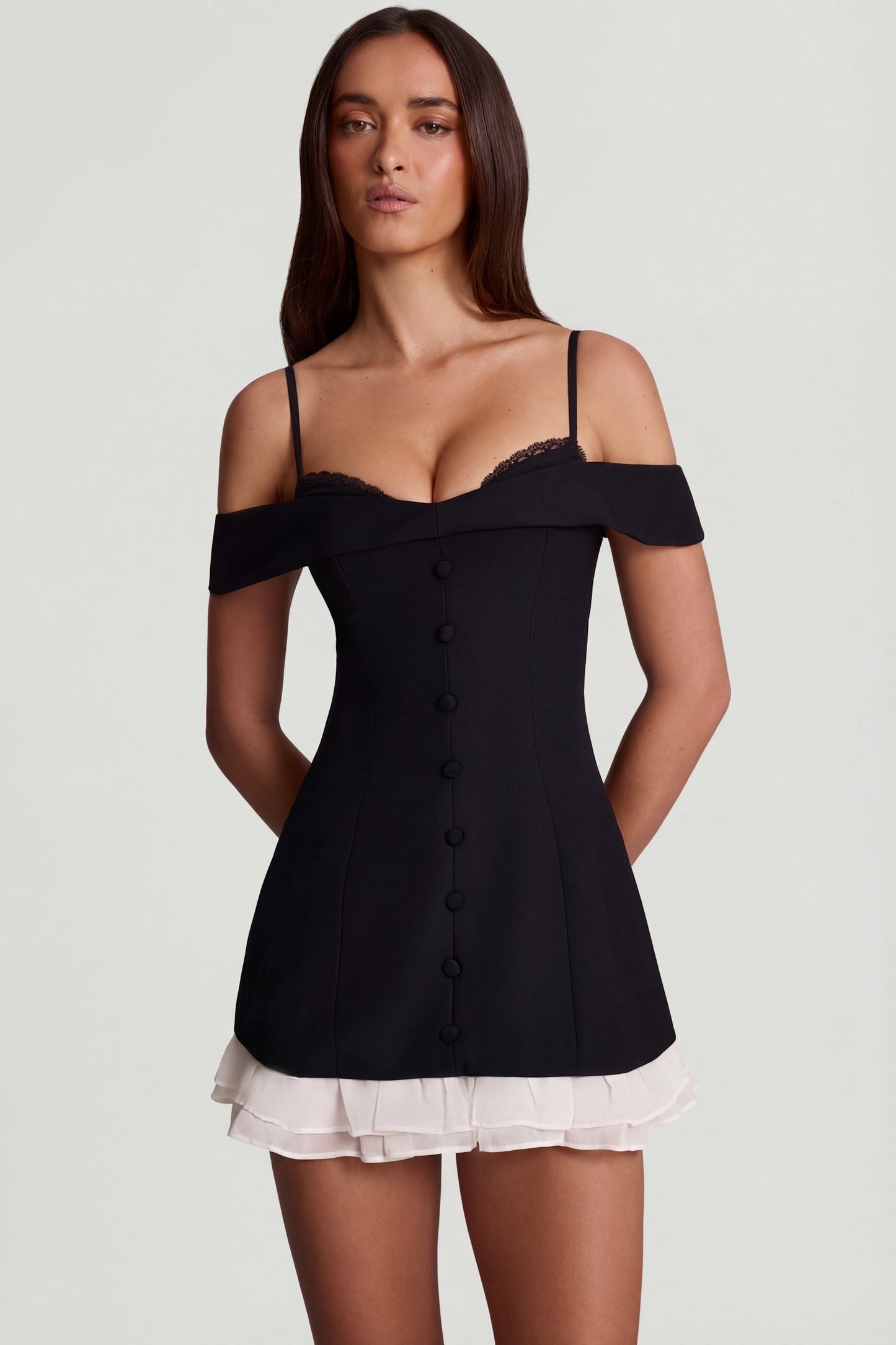 Off-Shoulder Ruffle A-Line Mini Dress in Black