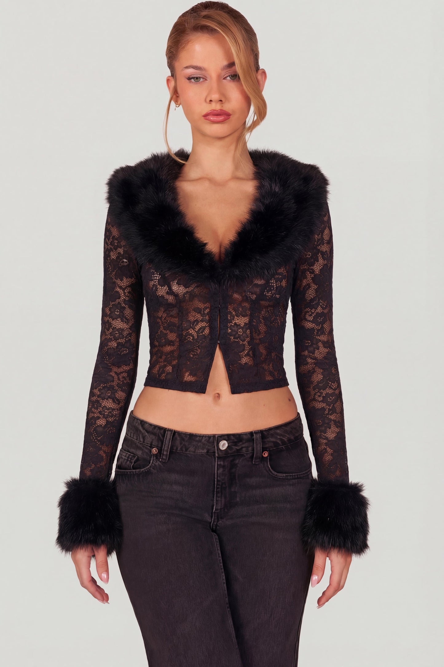 Sheer Lace Faux-Fur-Trim Cardigan in Black