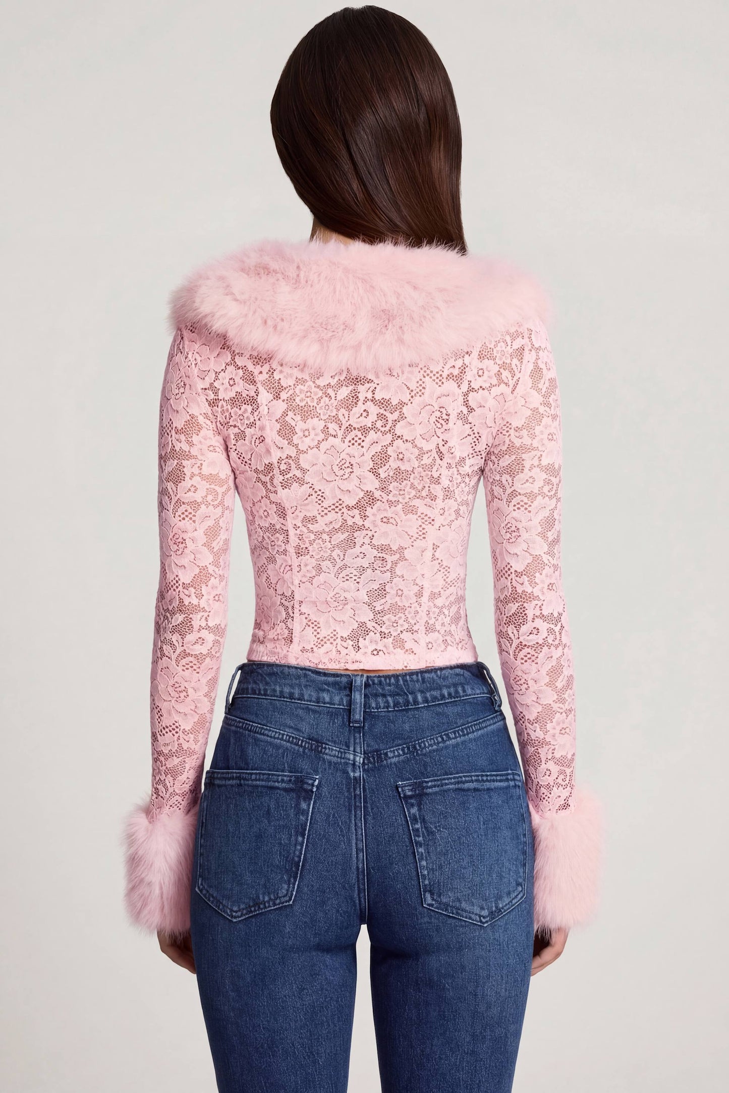 Sheer Lace Faux-Fur-Trim Cardigan in Pink