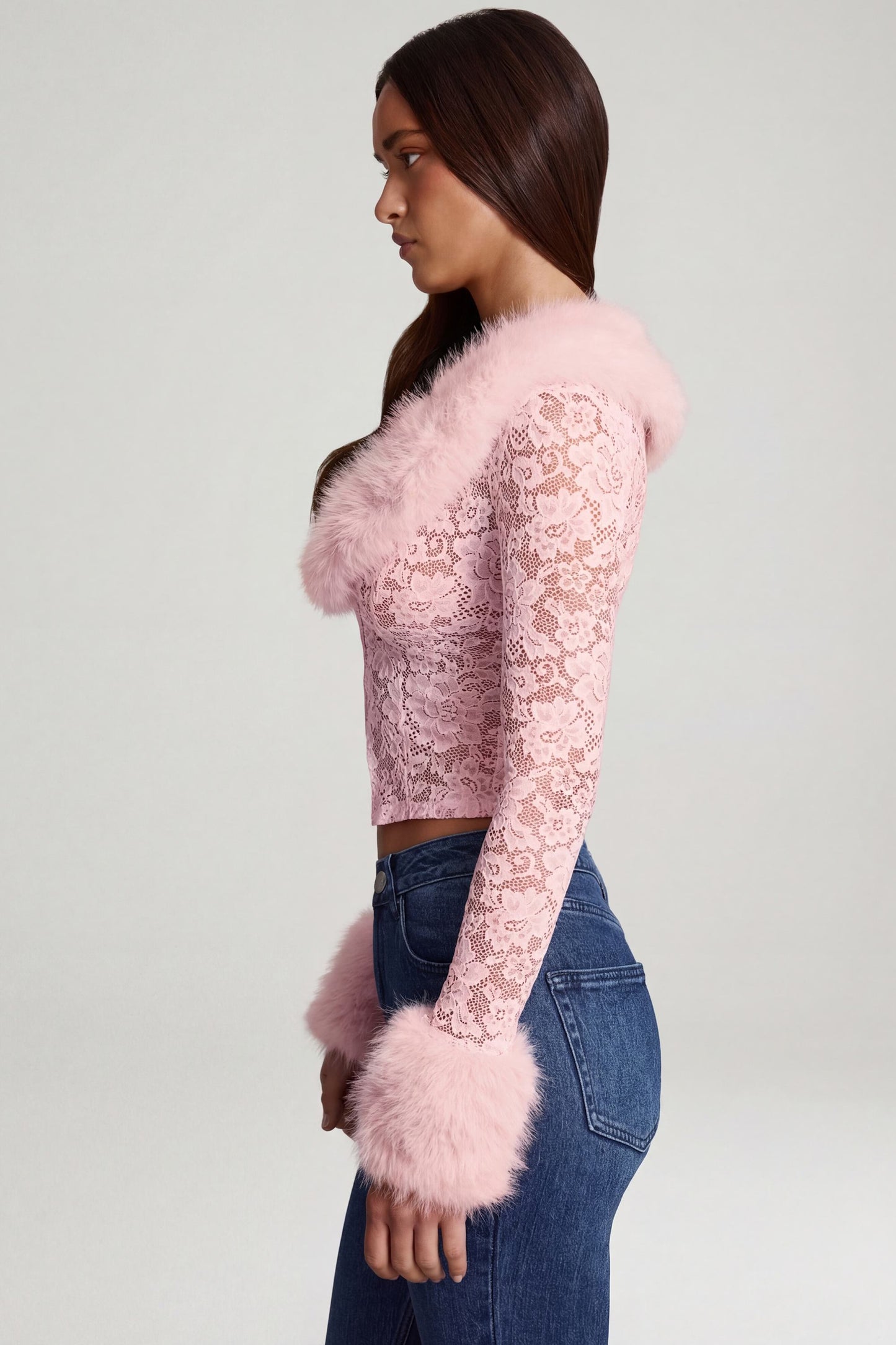 Sheer Lace Faux-Fur-Trim Cardigan in Pink