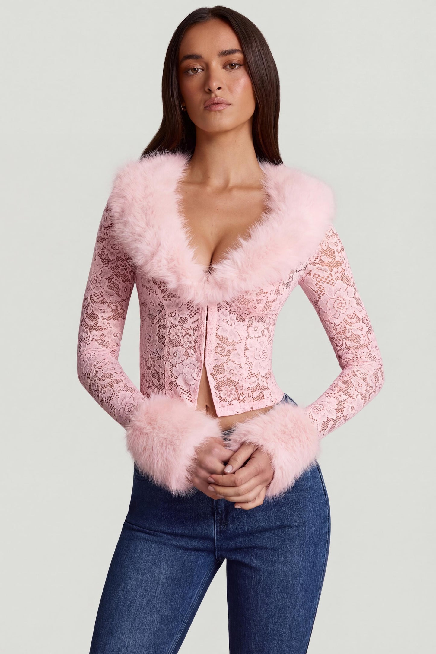 Sheer Lace Faux-Fur-Trim Cardigan in Pink