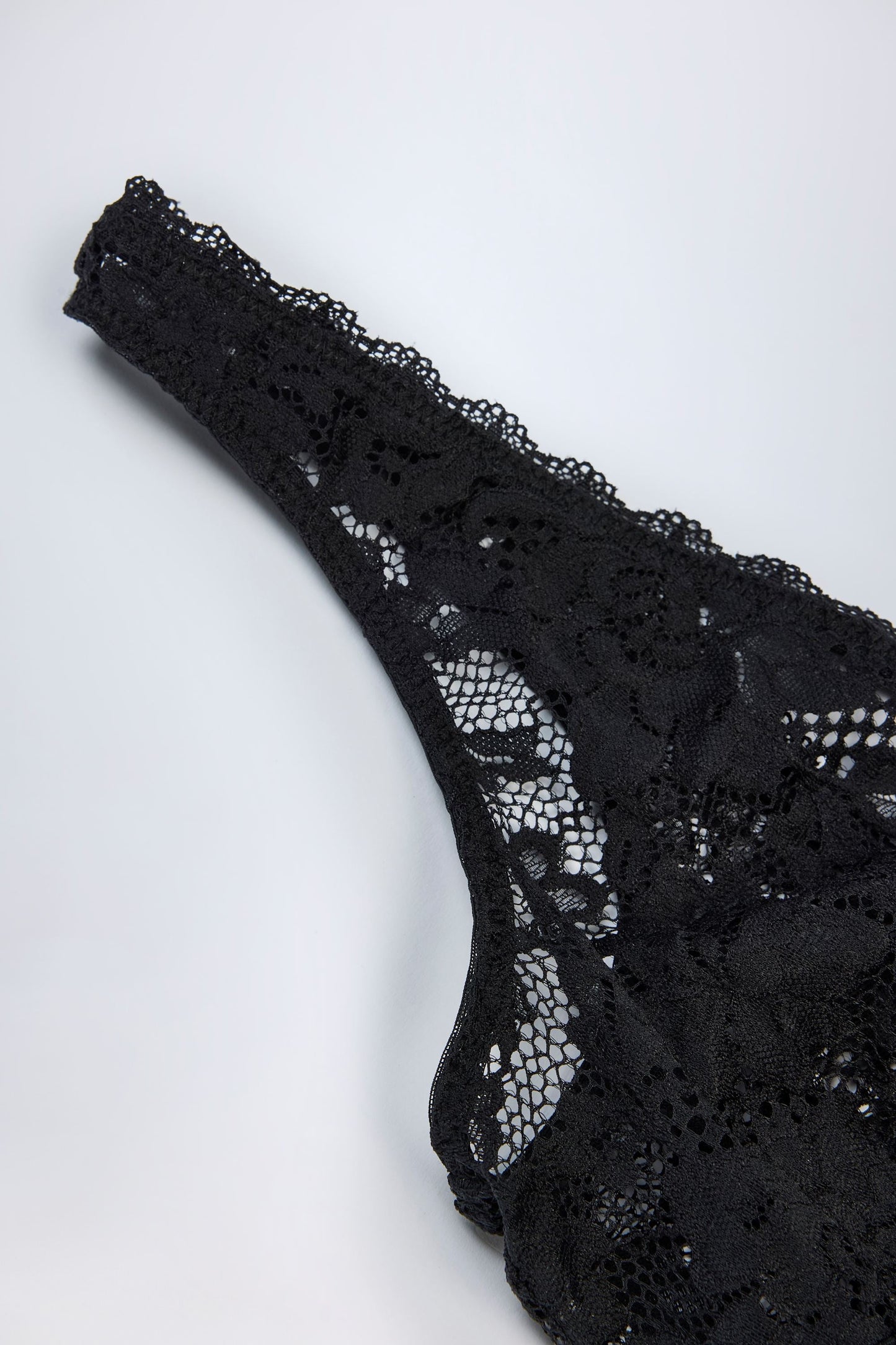 Sheer Lace Scalloped Plunge-Neck Bodysuit in Black