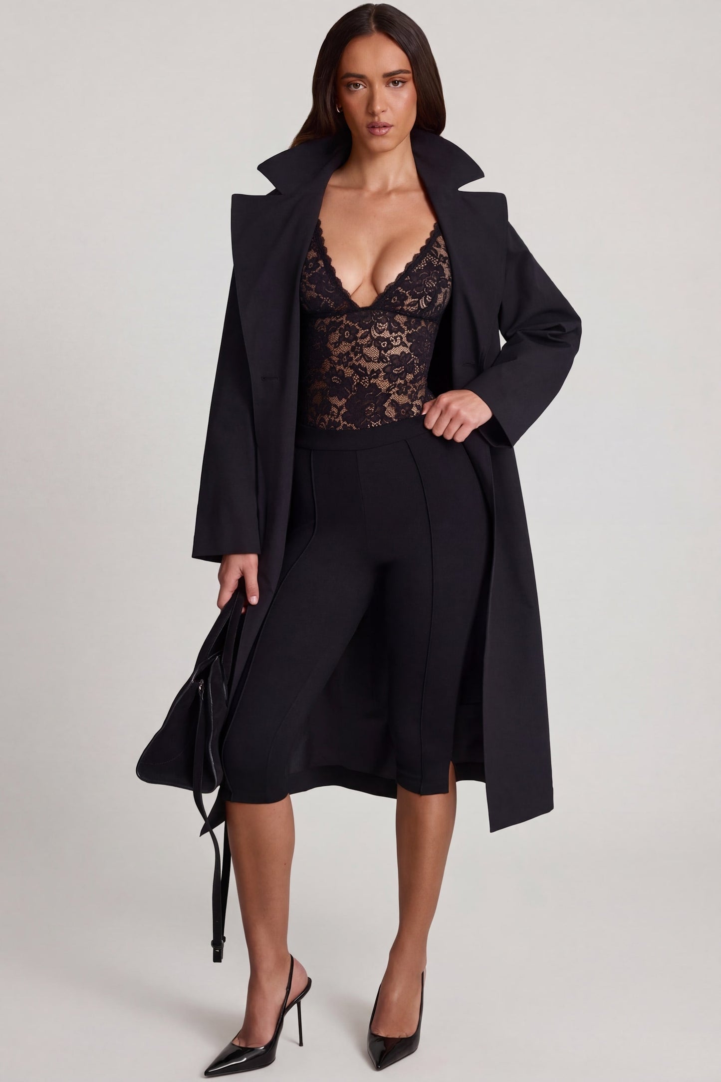Sheer Lace Scalloped Plunge-Neck Bodysuit in Black