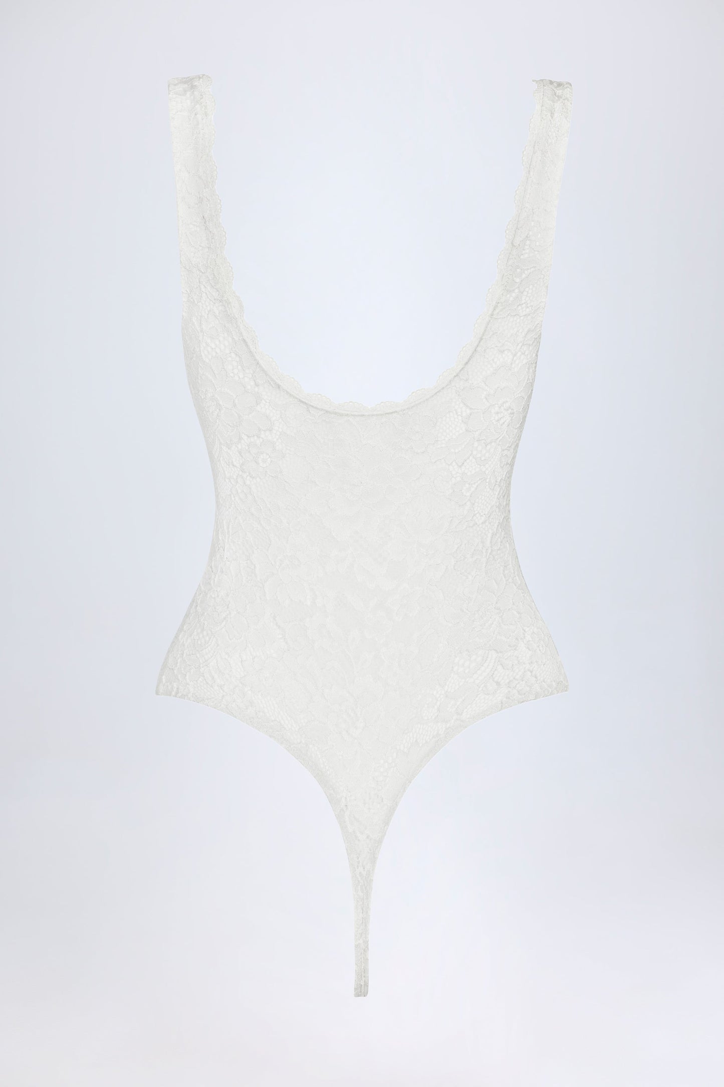 Sheer Lace Scalloped Plunge-Neck Bodysuit in White