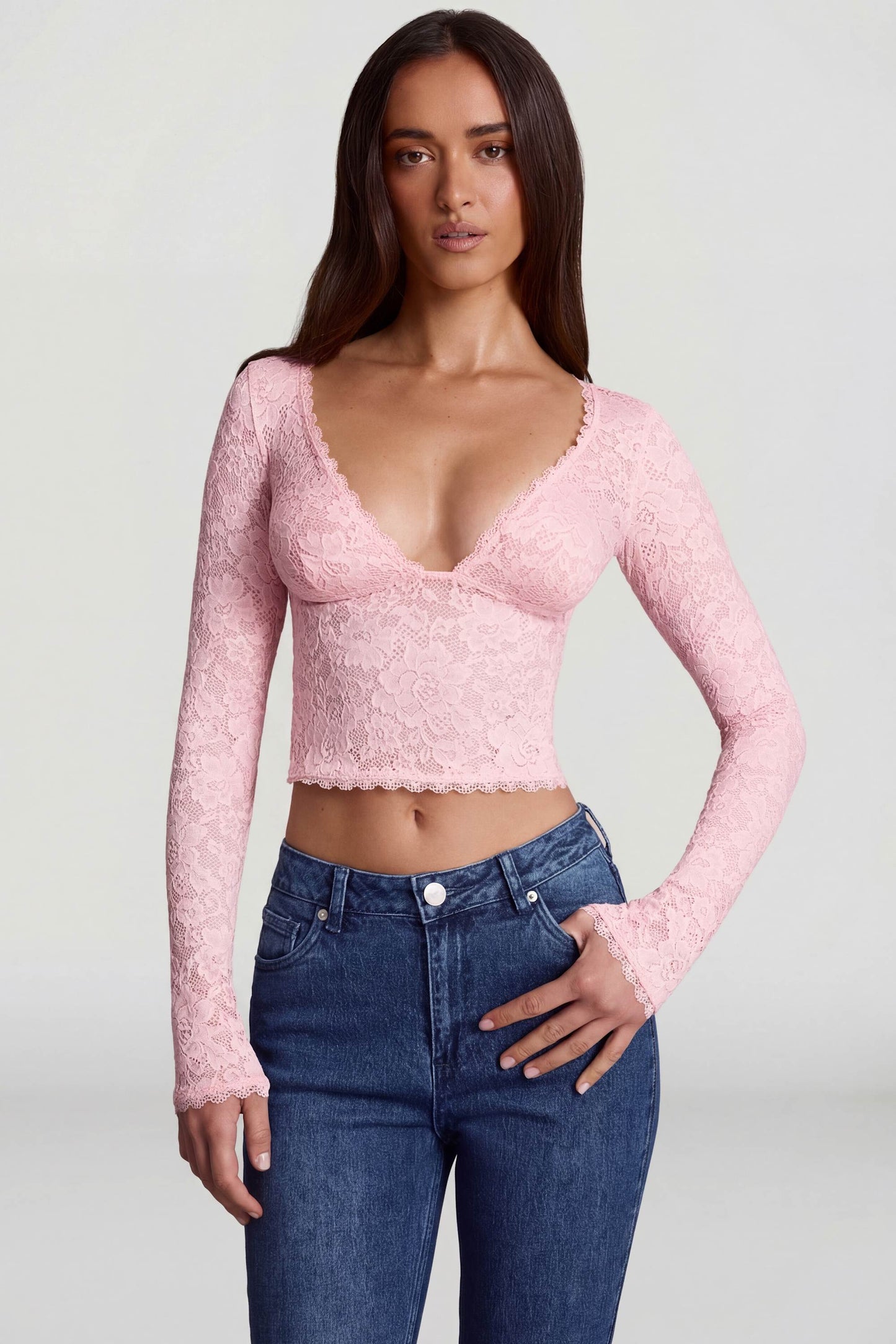 Sheer Lace Plunge-Neck Long-Sleeve Top in Pink