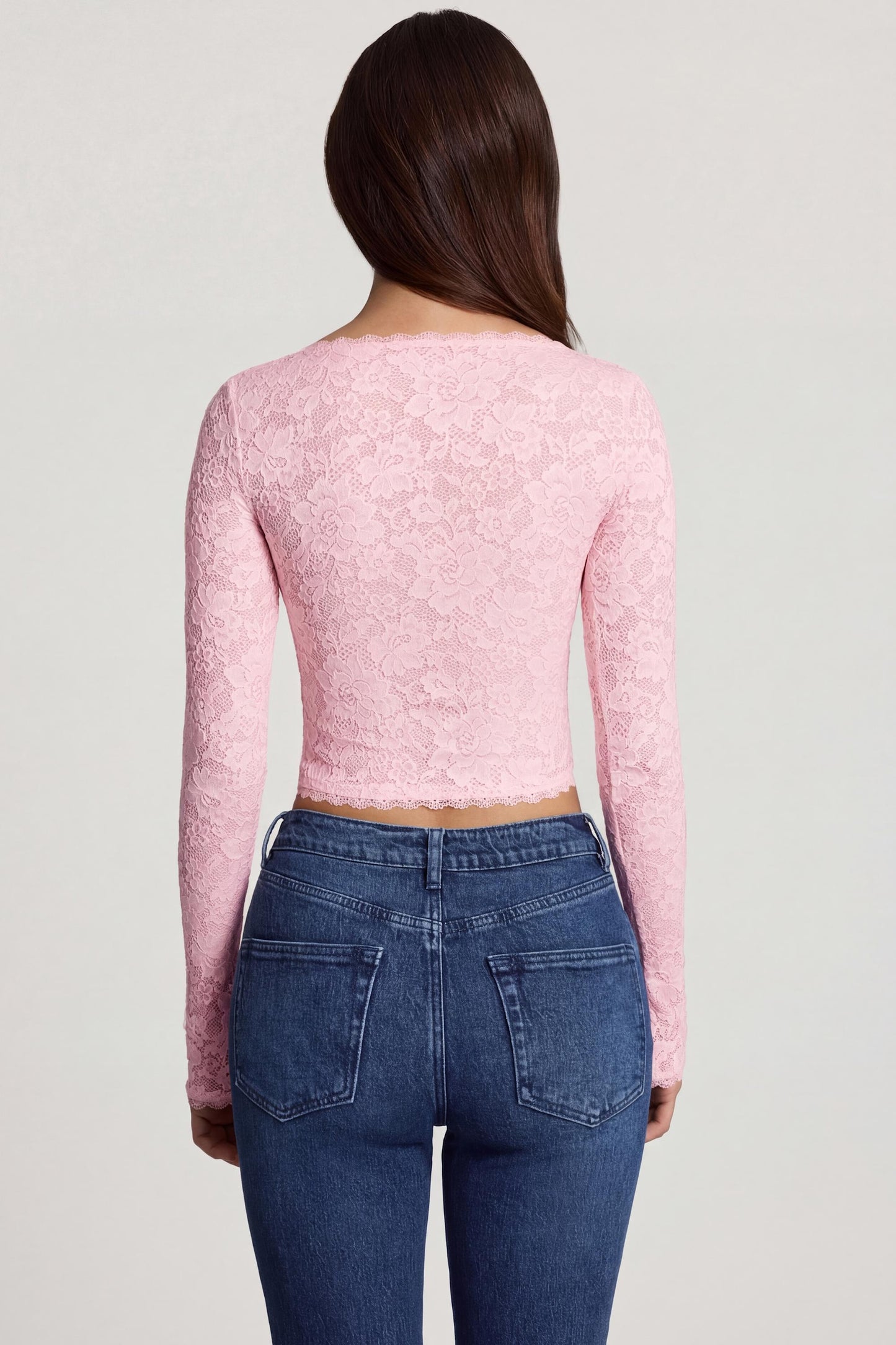 Sheer Lace Plunge-Neck Long-Sleeve Top in Pink