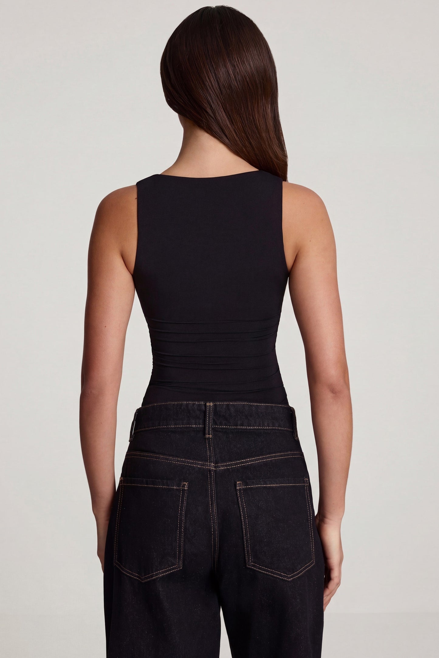 Soft Jersey Square-Neck Ruched Top in Black