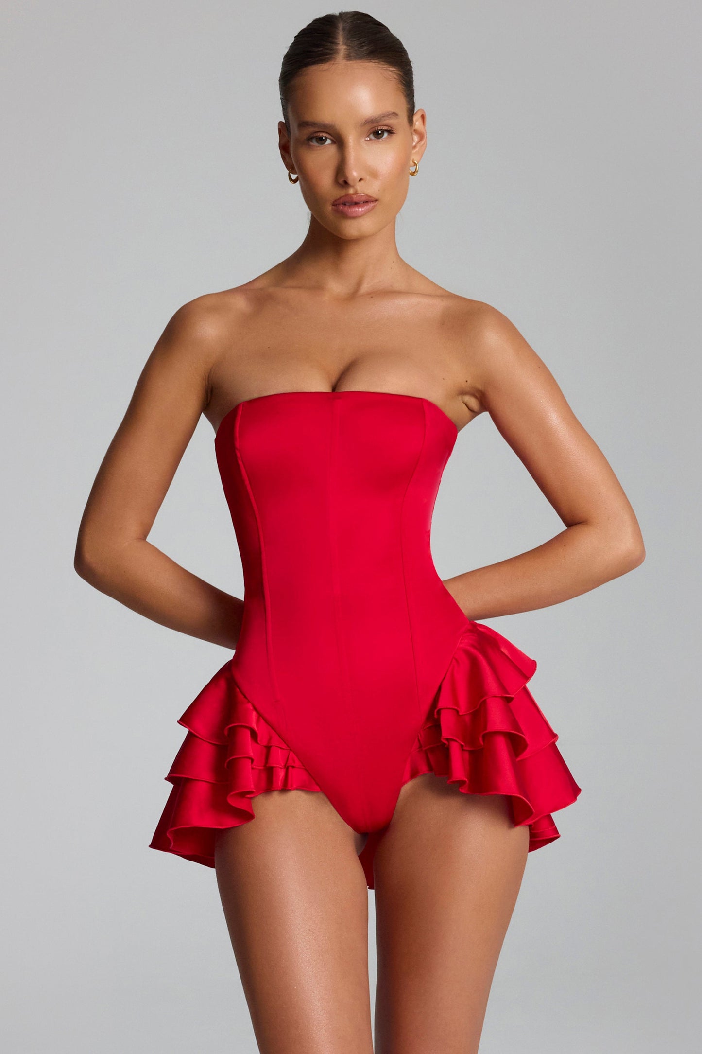 Ruffled Lace-Up Corset Playsuit in Fire Red