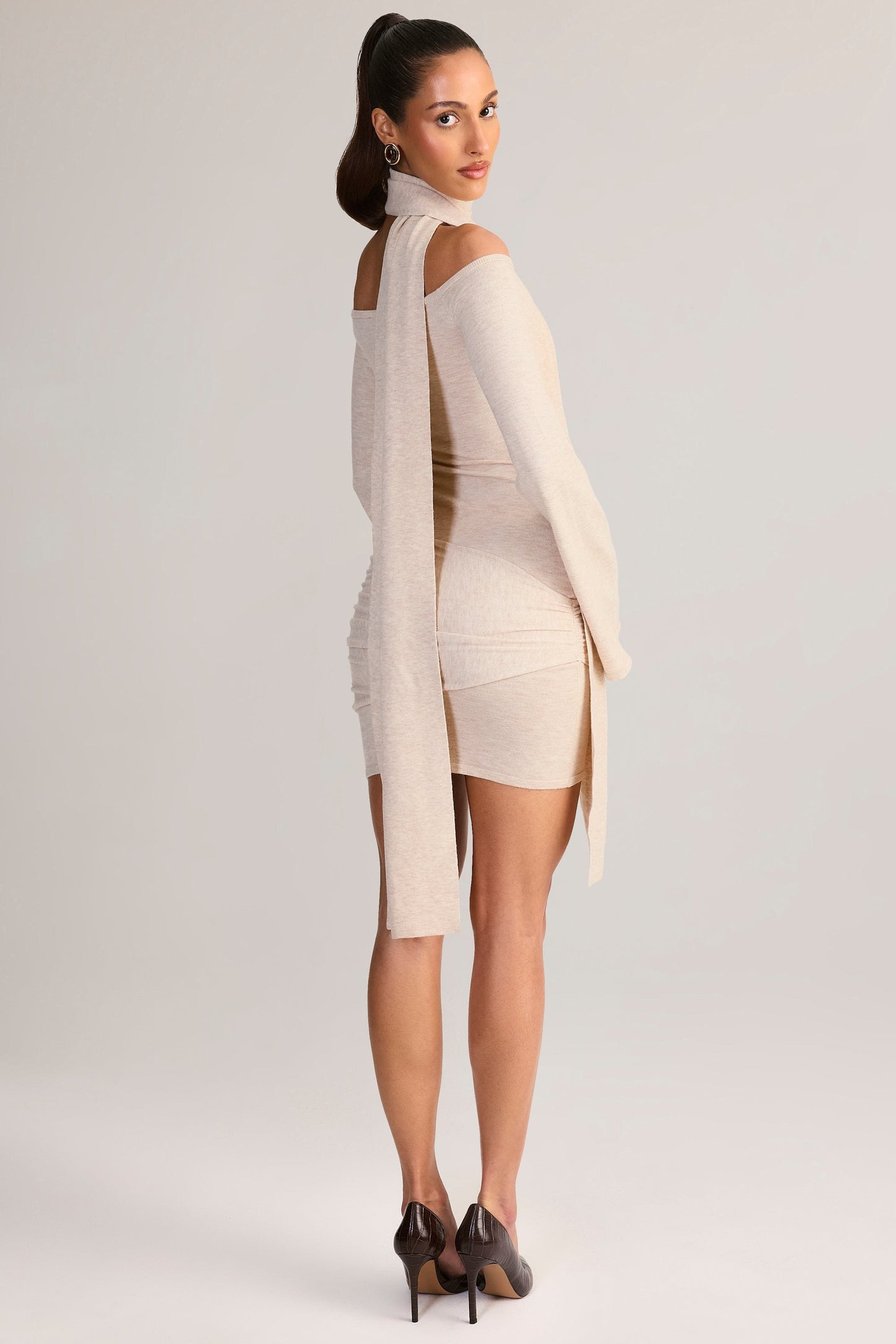 Knit Scarf-Detail Off-Shoulder Mini Dress in Cream
