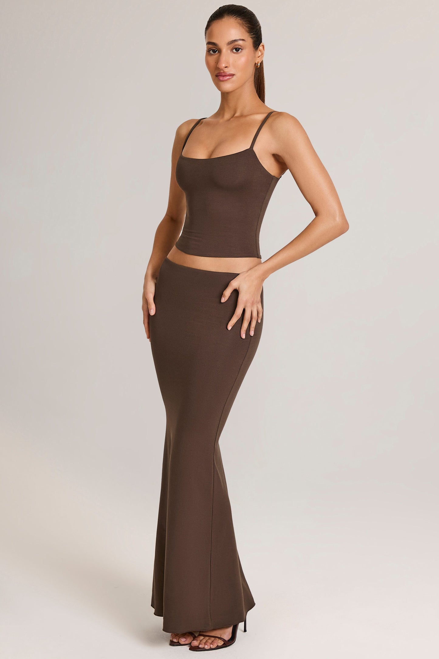 Modal Mid-Rise Fishtail Maxi Skirt in Chocolate Brown