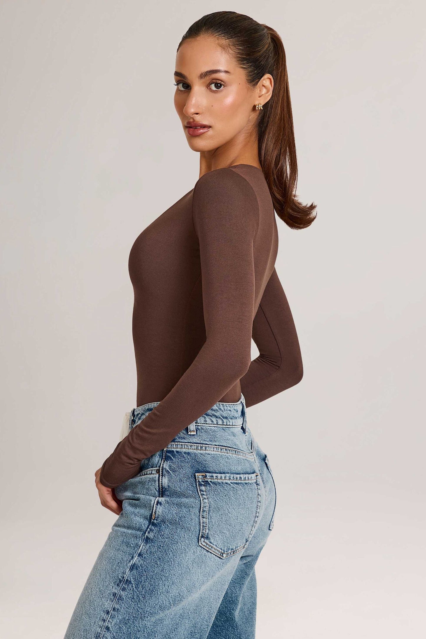 Modal Plunge Long-Sleeve Bodysuit in Chocolate Brown